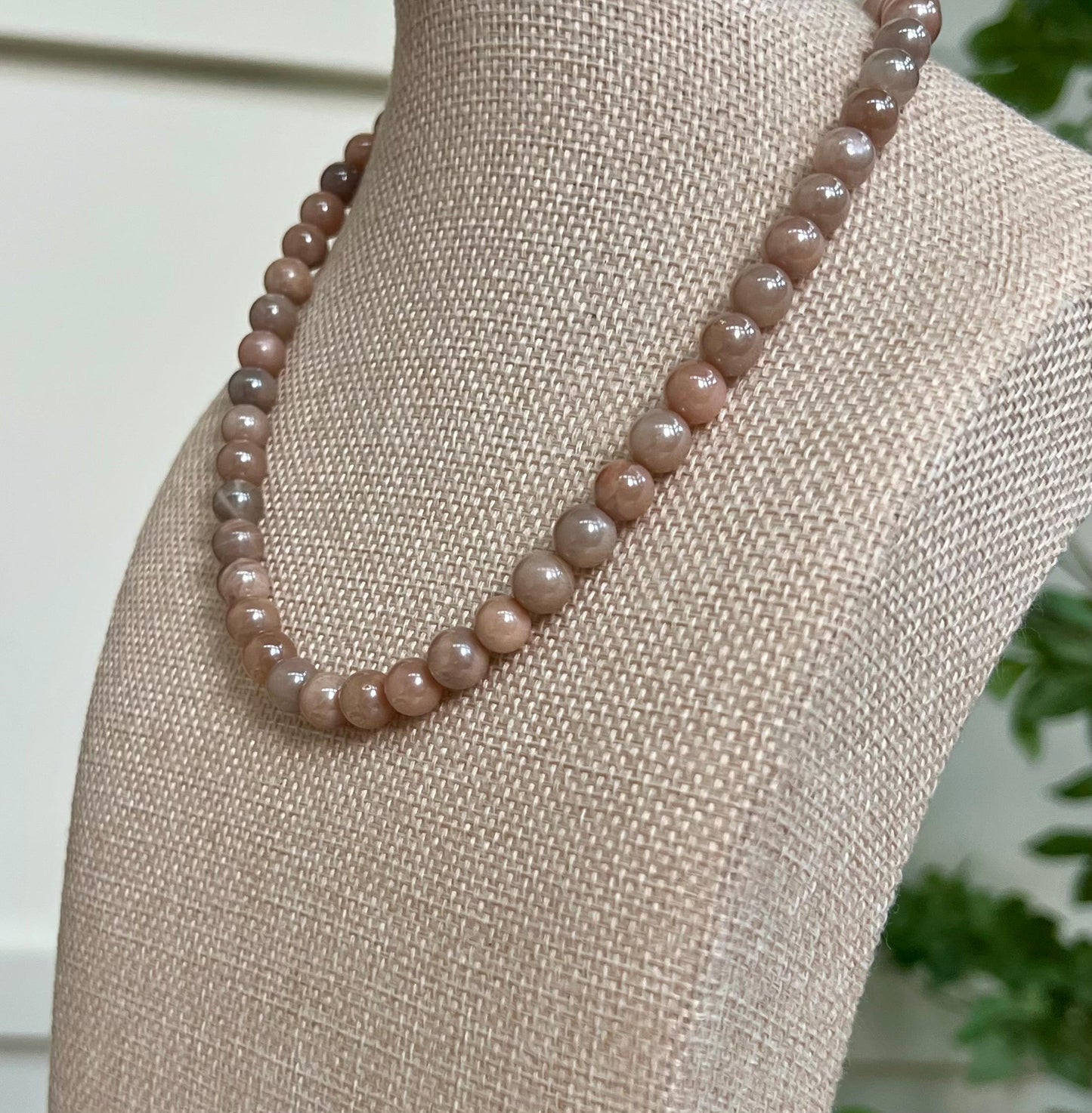 Peach Moonstone Beaded Necklace: 18k Gold Filled Clasp, Electroplated 8mm Beads