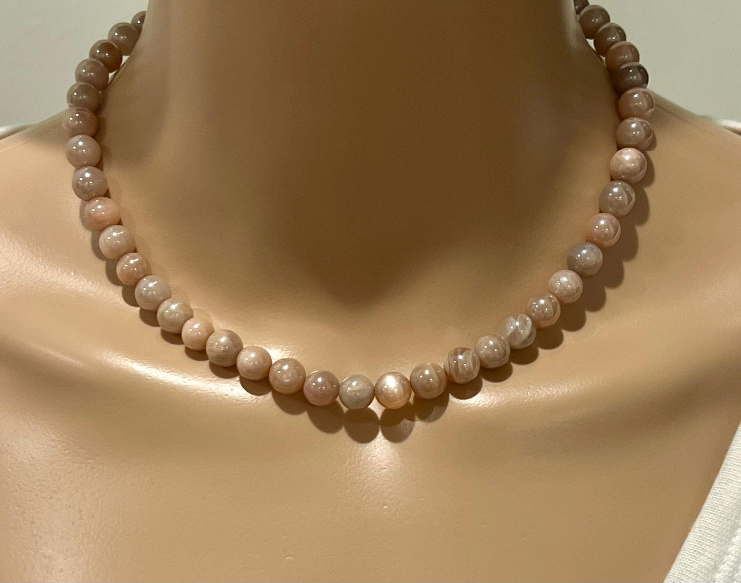 Peach Moonstone Beaded Necklace Electroplated 8mm Smooth Round Peach Moonstone 18k Gold Filled Clasp/Beads Sparkling Statement Necklace