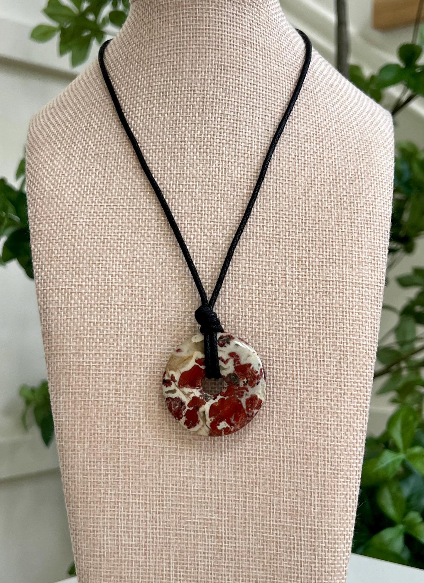 White Lace Poppy Jasper Donut Bead Necklace 40mm Gorgeous Statement Pendant Necklace Layering Necklace Semi-Precious Natural Gemstones