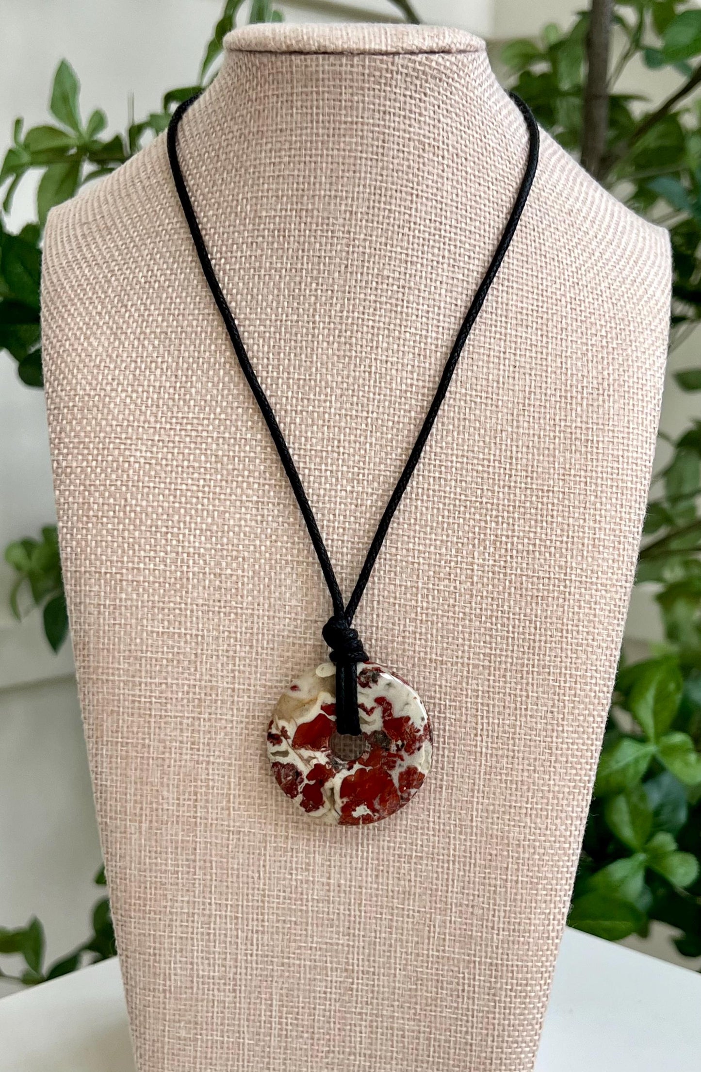 White Lace Poppy Jasper Donut Bead Necklace 40mm Gorgeous Statement Pendant Necklace Layering Necklace Semi-Precious Natural Gemstones