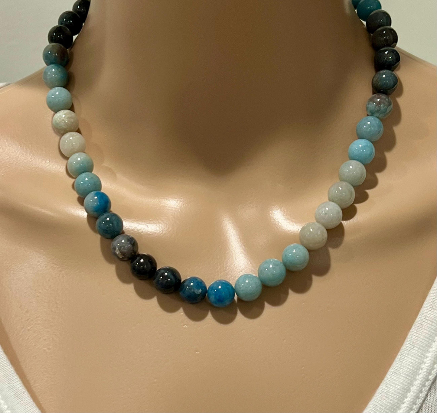 Natural Gradient Color Trolleite Beaded Necklace 18k Gold Filled Clasp/Accent Beads Blue Trolleite Beads Natural Gemstone Necklace