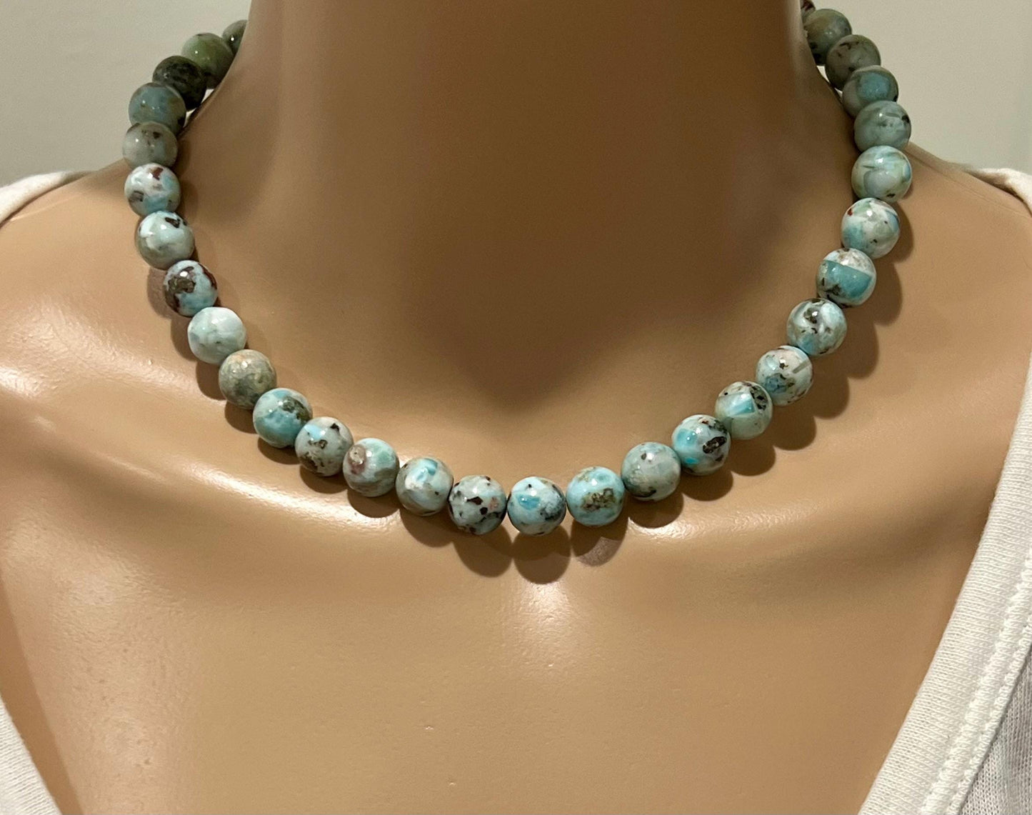 Larimar Beaded Necklace 18k Gold Filled Clasp 10mm Round Smooth Larimar Beads Layering Necklace Semi-Precious Gemstones Simple Elegant