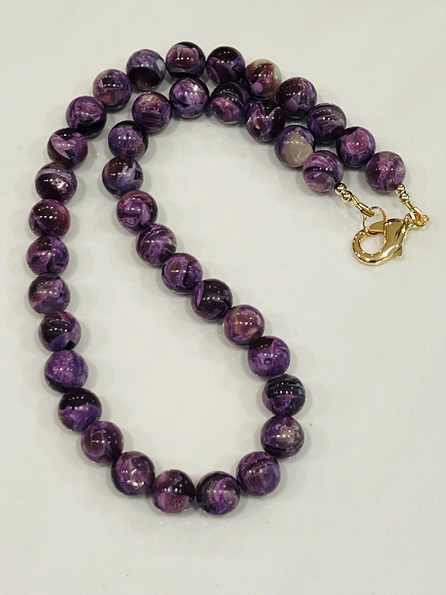 Purple Mica Beaded Necklace: 18k Gold Filled Clasp, 10mm Gemstone