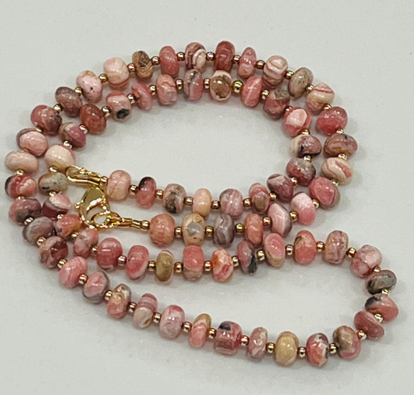 Rhodochrosite Beaded Necklace with 18k Gold Filled Clasp/Accent Beads Rhodochrosite 5.5mm Smooth Rondelle Stones Gorgeous