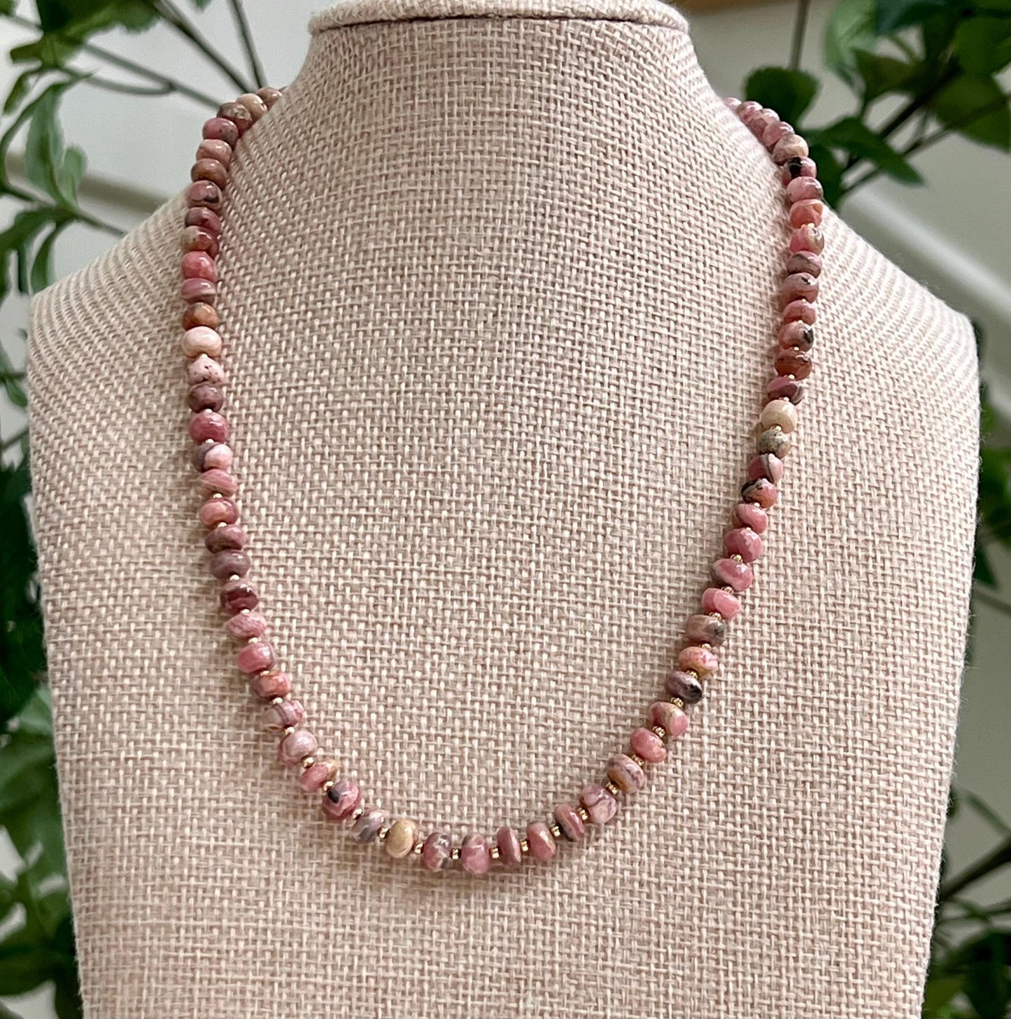 Rhodochrosite Beaded Necklace with 18k Gold Filled Clasp/Accent Beads Rhodochrosite 5.5mm Smooth Rondelle Stones Gorgeous