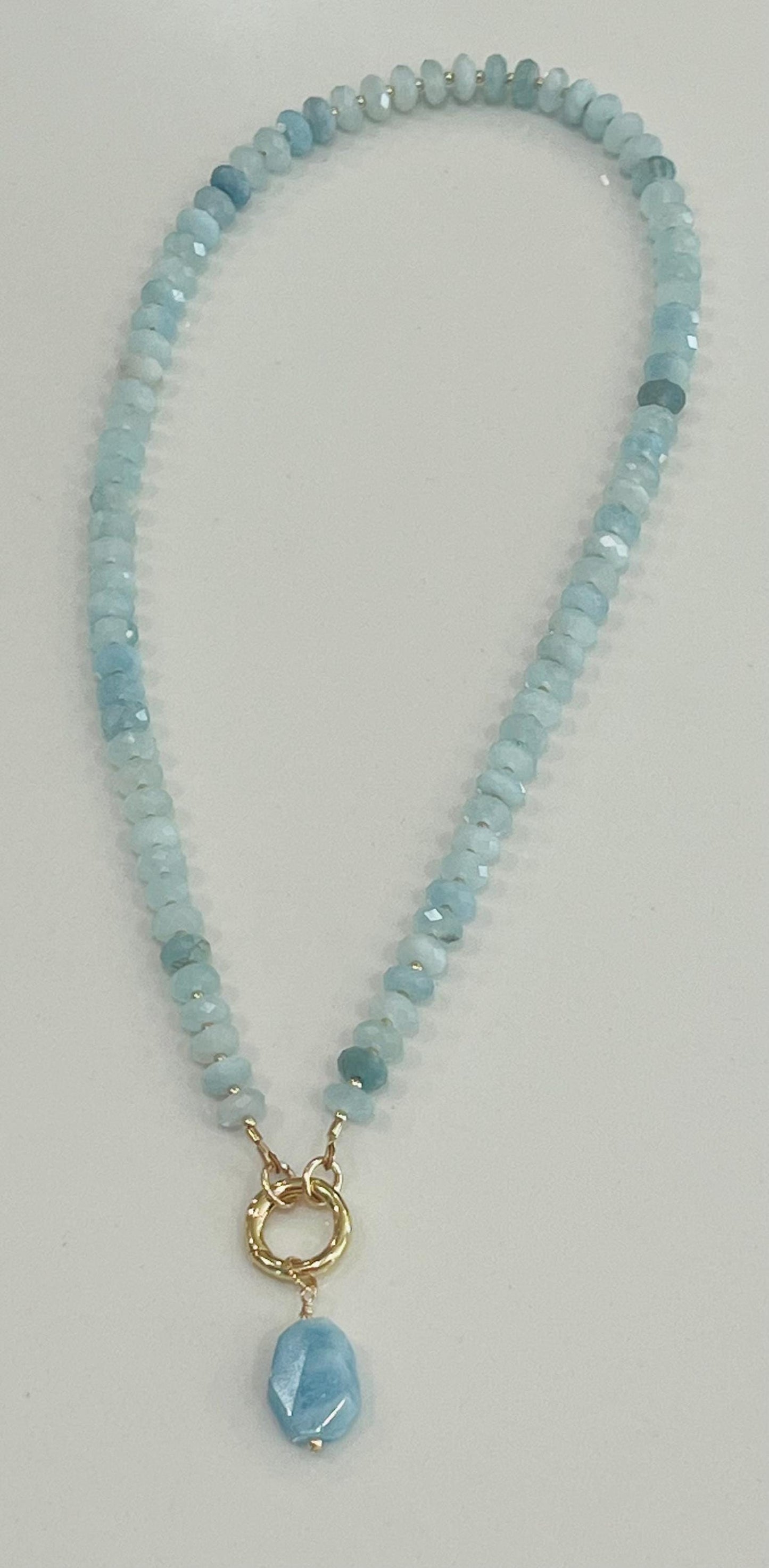 Aquamarine Beaded Necklace 18k Gold Filled Spring Clasp Faceted Rondelle 7x3mm Stones Natural Aquamarine Stones with Aquamarine Drop Pendant