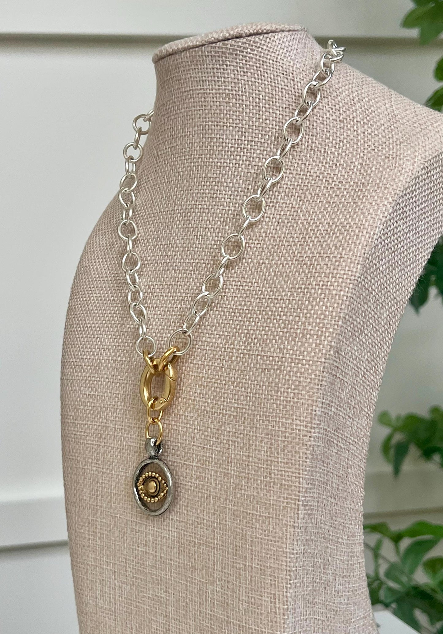 Silver Chunky Oval Chain Necklace with Gold Carabiner Spring Clasp Evil Eye Silver and Gold Statement Necklace Chunky Statement Necklace