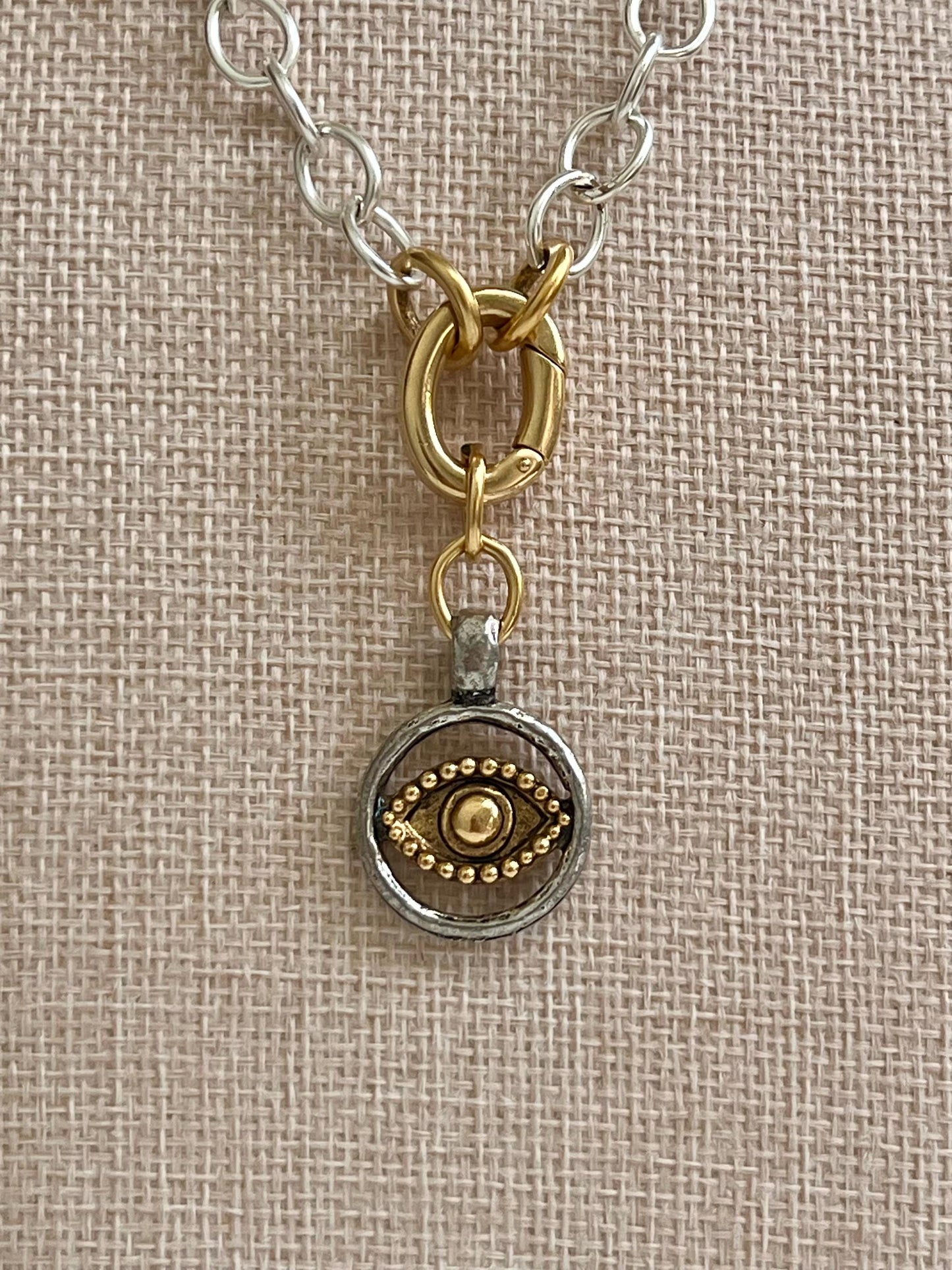 Silver Chunky Oval Chain Necklace with Gold Carabiner Spring Clasp Evil Eye Silver and Gold Statement Necklace Chunky Statement Necklace