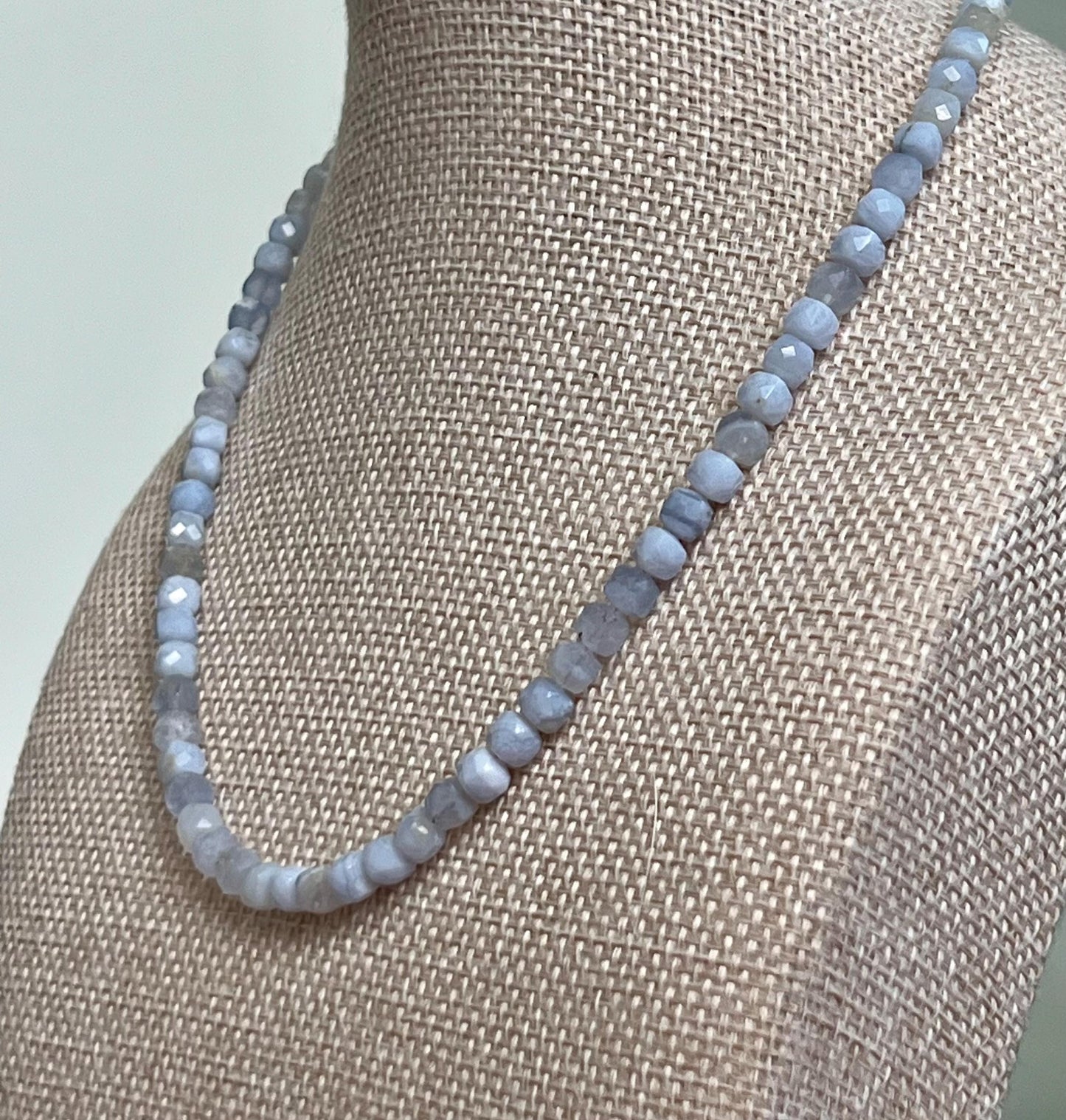 Blue Lace Agate Beaded Necklace 18k Gold Filled Clasp/Accent Beads 5mm Faceted Cubed Light Blue Stones Blue Beaded Layering Necklace
