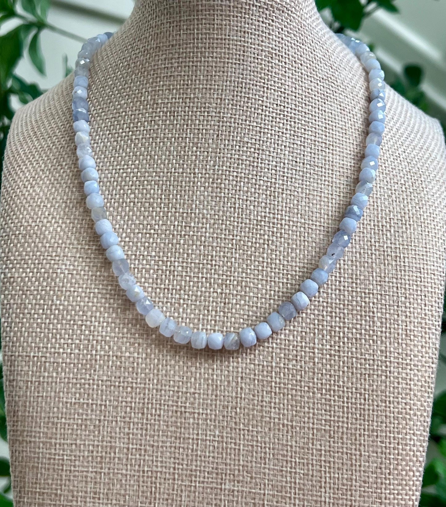 Blue Lace Agate Beaded Necklace 18k Gold Filled Clasp/Accent Beads 5mm Faceted Cubed Light Blue Stones Blue Beaded Layering Necklace