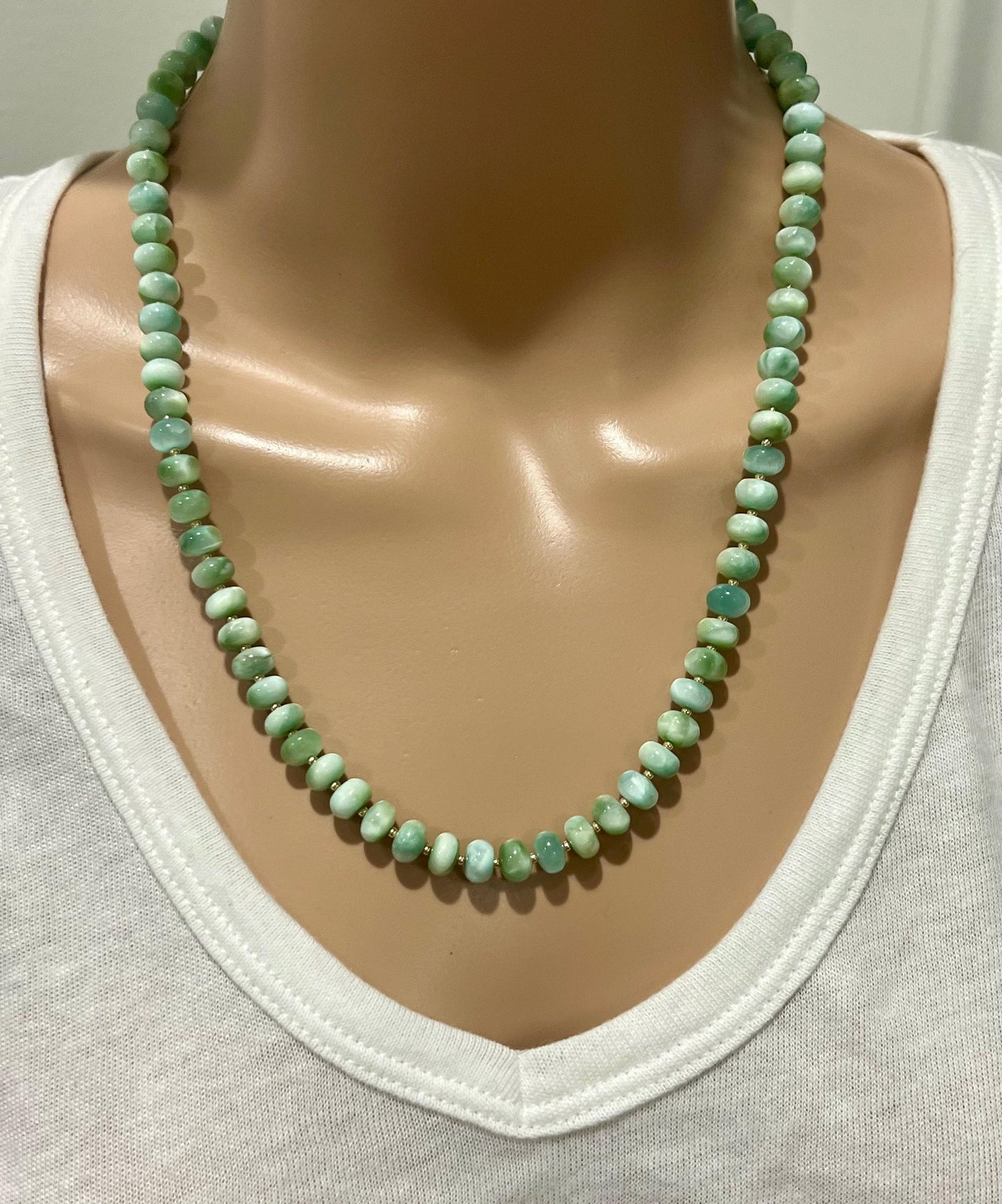 Green Moonstone Beaded Necklace 5x8mm Smooth Rondelle Moonstone with 18k Gold Filled Clasp/Accent Beads Sparkling Stones
