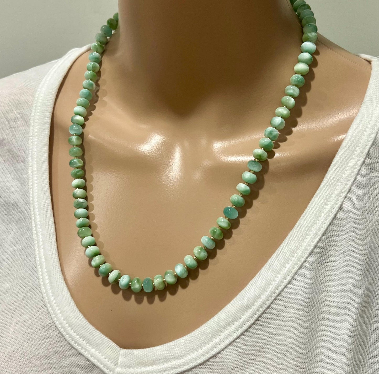 Green Moonstone Beaded Necklace 5x8mm Smooth Rondelle Moonstone with 18k Gold Filled Clasp/Accent Beads Sparkling Stones