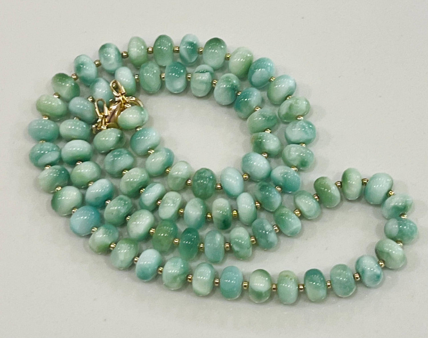 Green Moonstone Beaded Necklace 5x8mm Smooth Rondelle Moonstone with 18k Gold Filled Clasp/Accent Beads Sparkling Stones