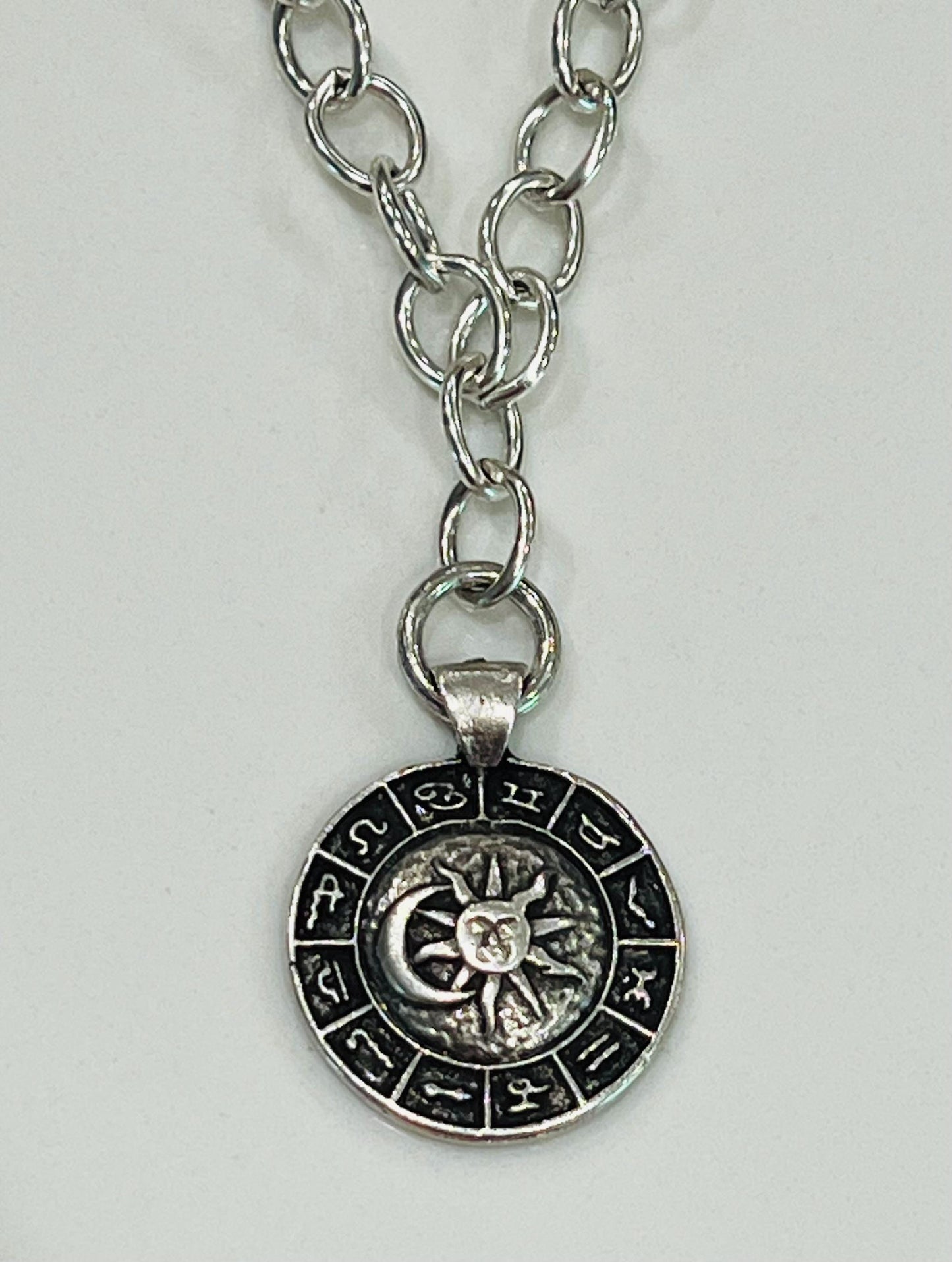 Antique Silver Chunky Oval Chain Necklace with Large Zodiac Wheel Silver Pendant Silver Statement Necklace Chunky Statement Necklace