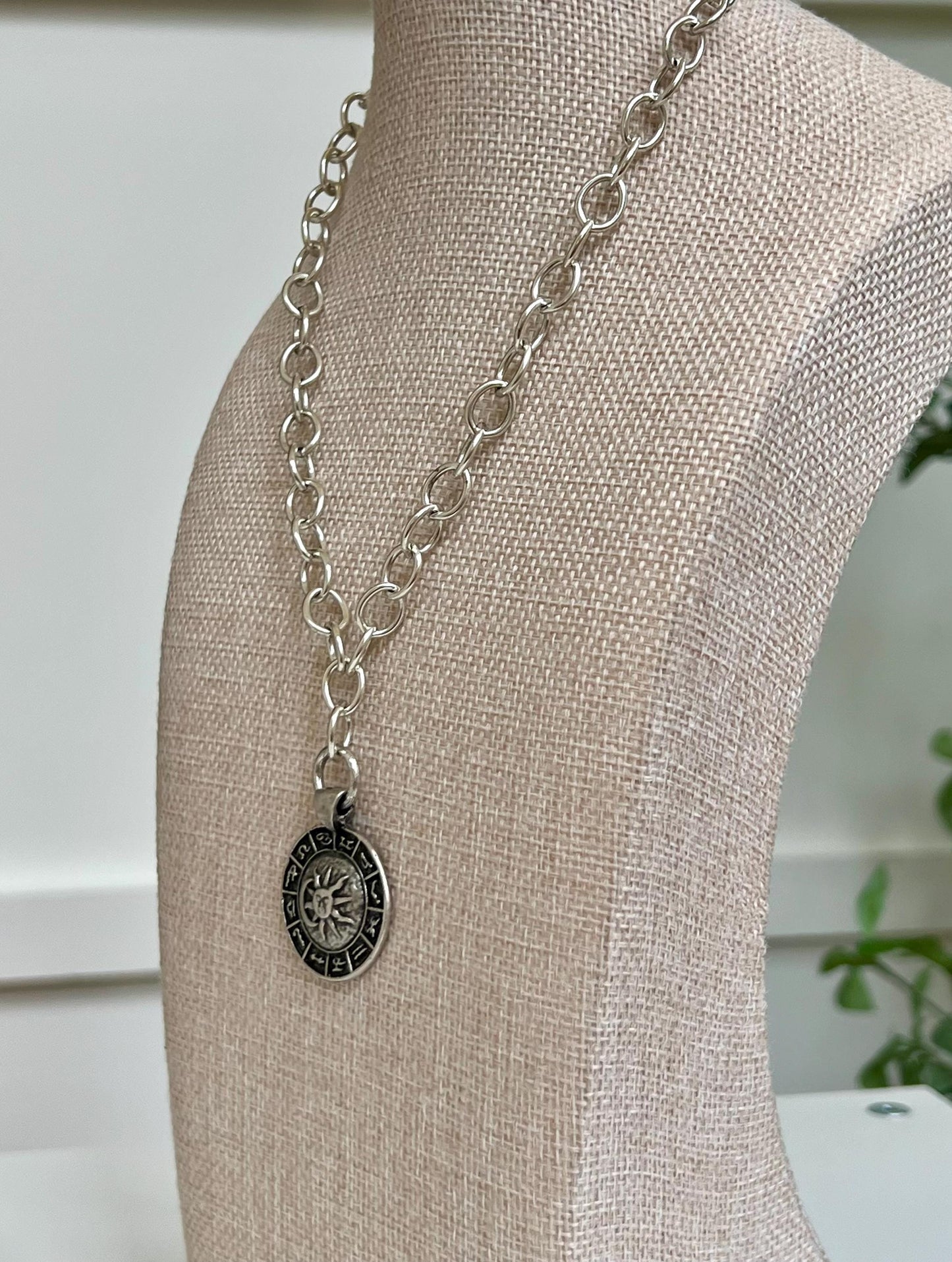Antique Silver Chunky Oval Chain Necklace with Large Zodiac Wheel Silver Pendant Silver Statement Necklace Chunky Statement Necklace