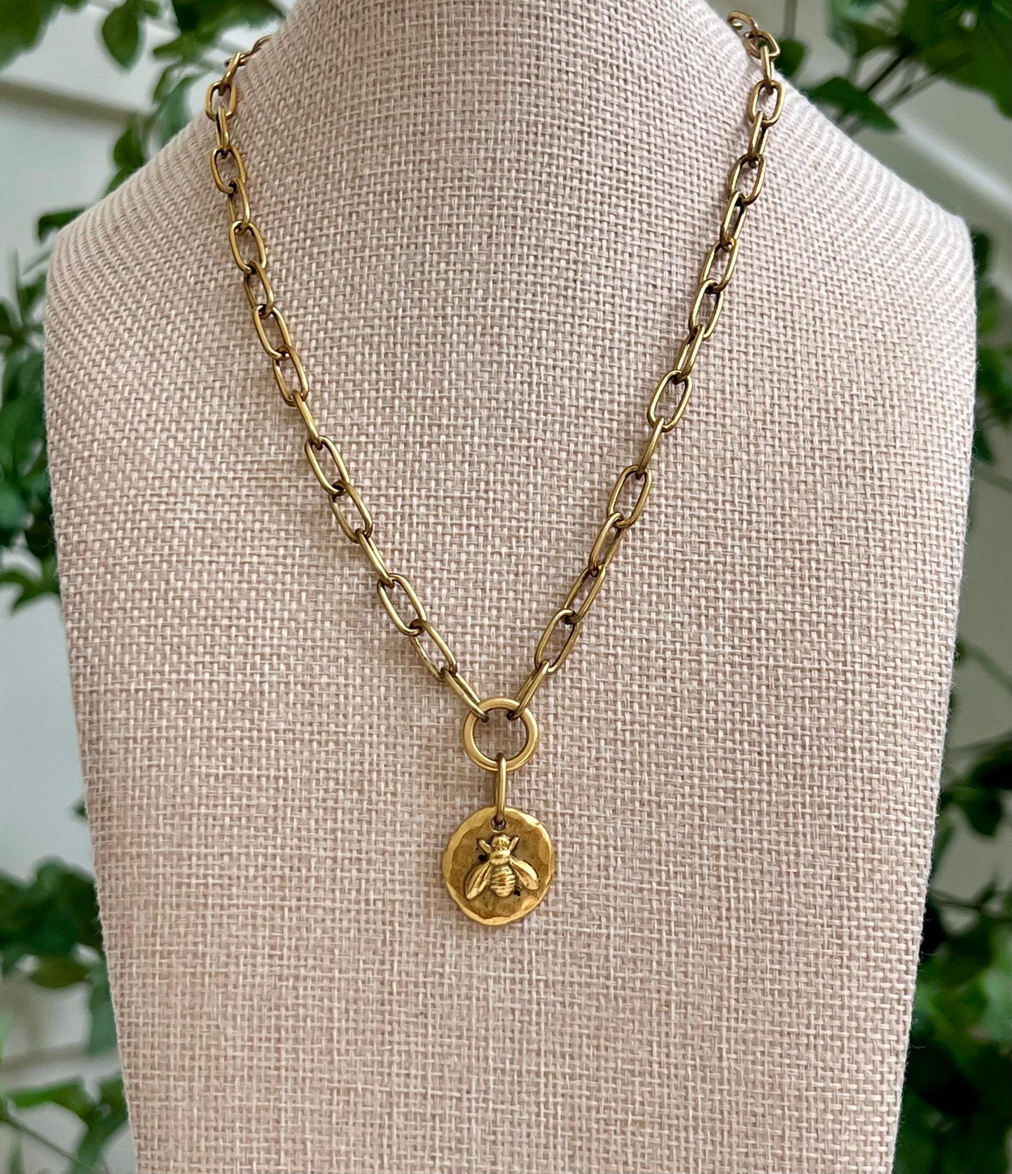 Antique Gold Chunky Paperclip Chain Necklace with Bee Coin Pendant Gold Plated Brass Statement Necklace Chunky Statement Necklace