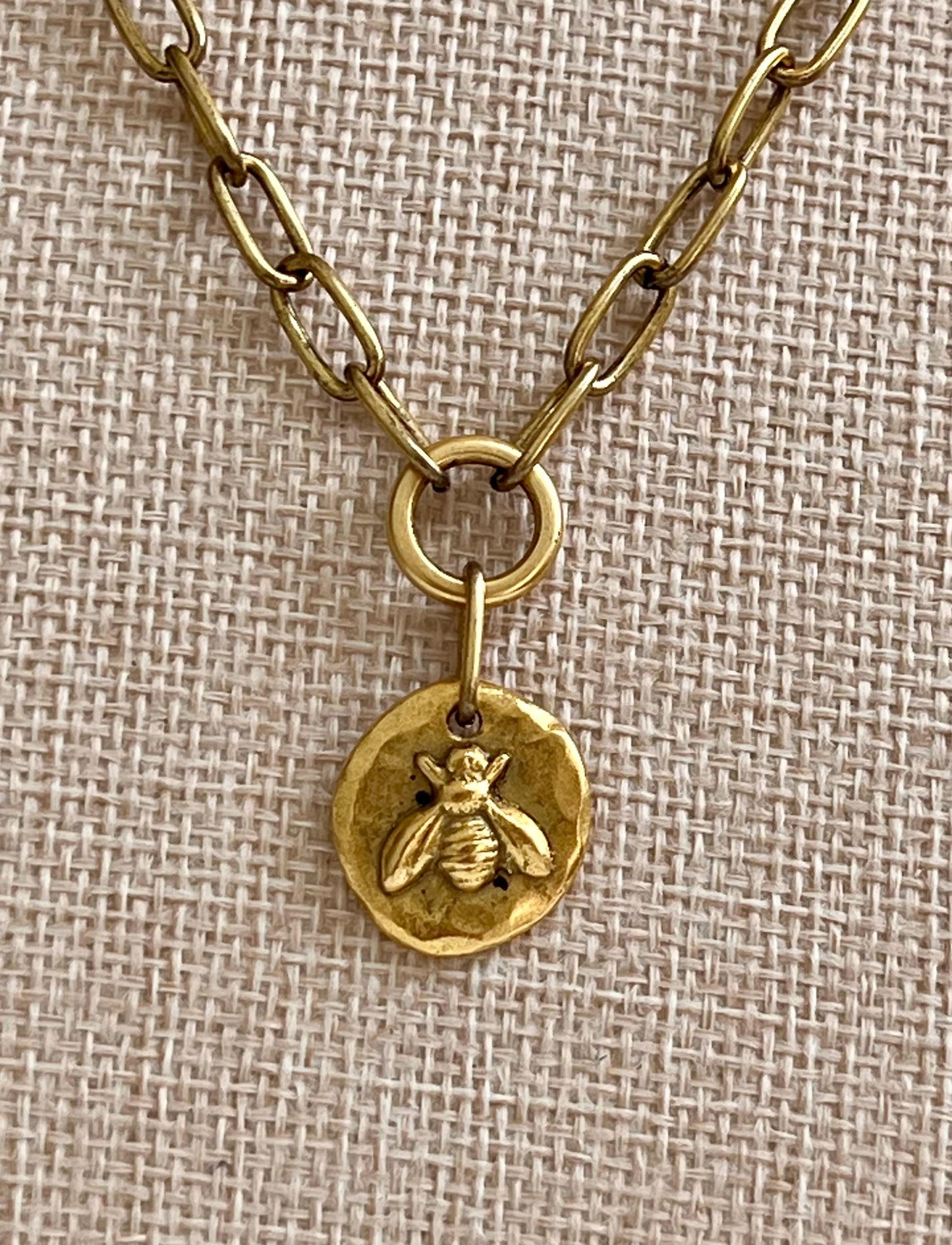 Antique Gold Chunky Paperclip Chain Necklace with Bee Coin Pendant Gold Plated Brass Statement Necklace Chunky Statement Necklace