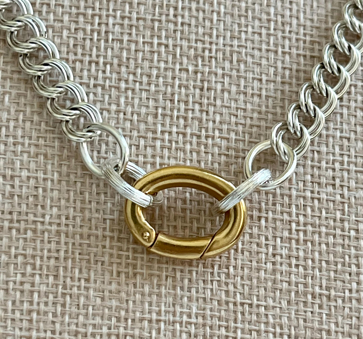 Silver Parallel Curb Chain Necklace with Gold Carabiner Spring Clasp Mixed Metal Statement Necklace Chunky Statement Necklace