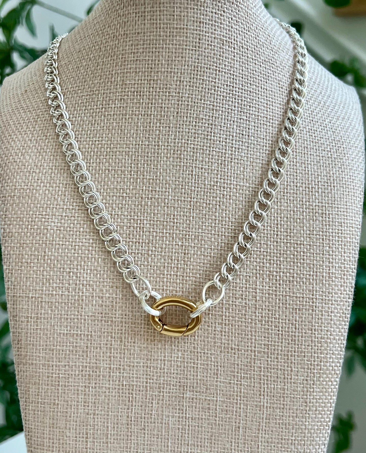 Silver Parallel Curb Chain Necklace with Gold Carabiner Spring Clasp Mixed Metal Statement Necklace Chunky Statement Necklace