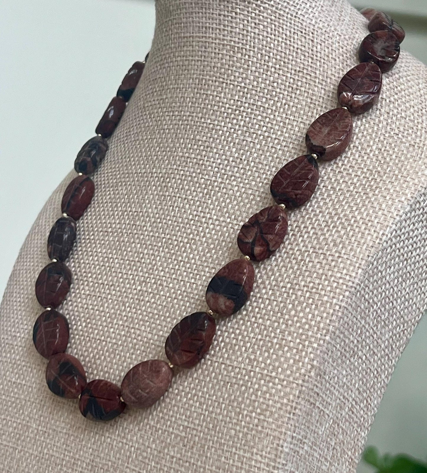 Brecciated Jasper Beaded Necklace with 18k Gold Filled Clasp and Accent Beads Natural Semi-Precious Gemstone Carved Beaded Necklace