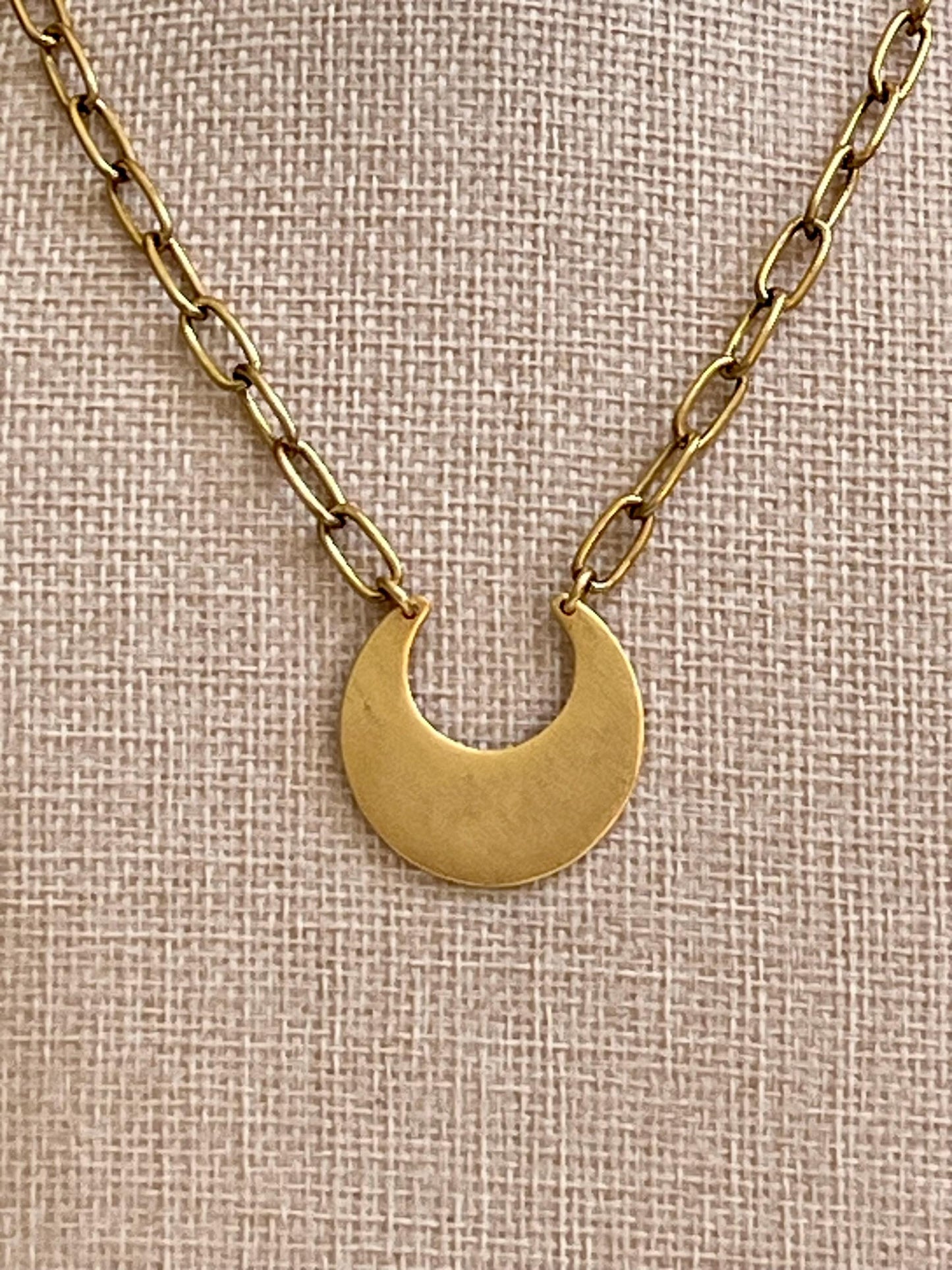Antique Gold Paperclip Chain Necklace with Semi Circle Pendant
