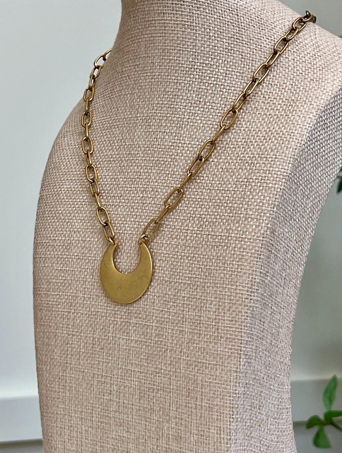 Antique Gold Paperclip Chain Necklace with Semi Circle Pendant