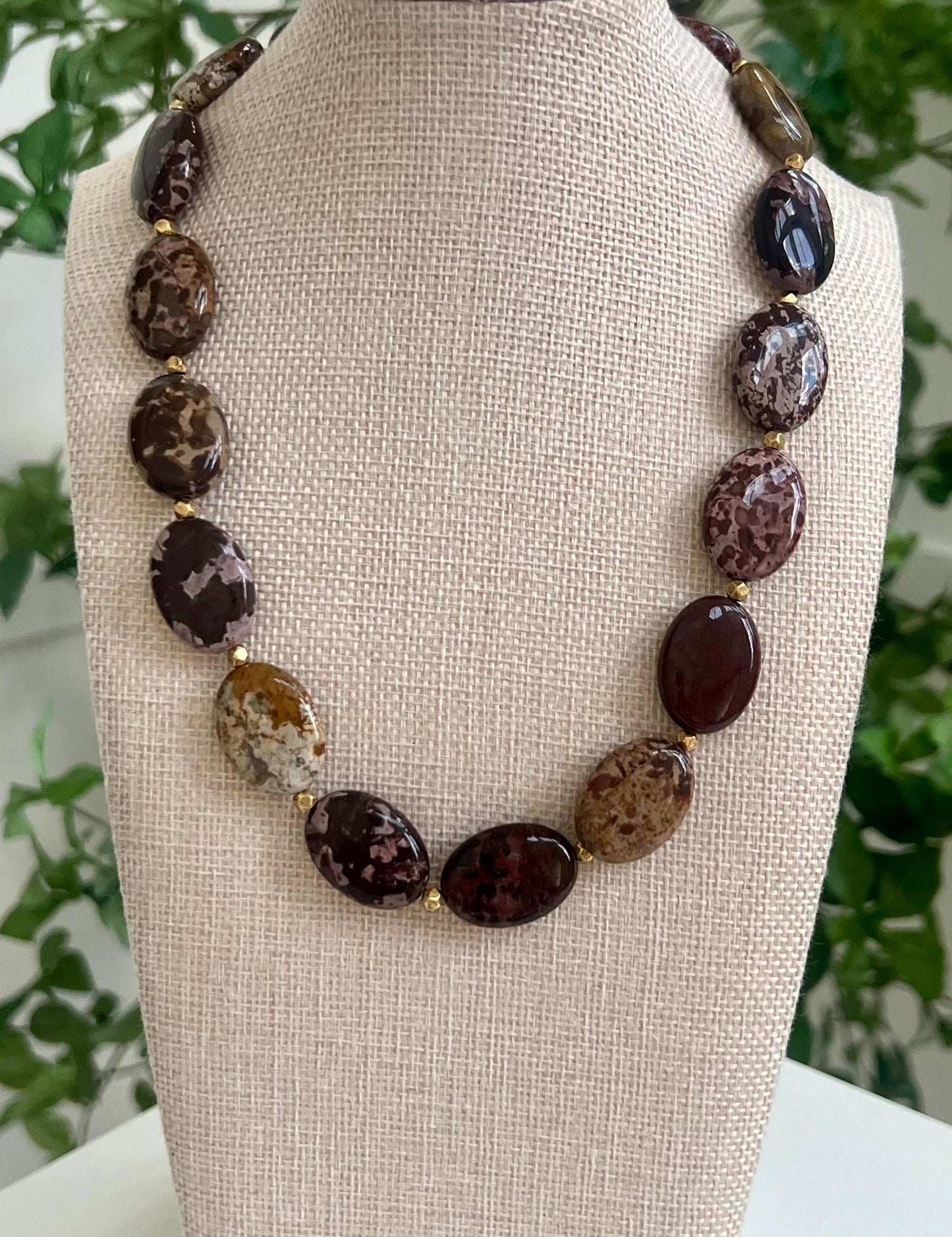 Leopard Skin Jasper Beaded Necklace with Good Plated Pewter Toggle and Accent Beads Natural Semi-Precious Gemstone Oval Beaded Necklace