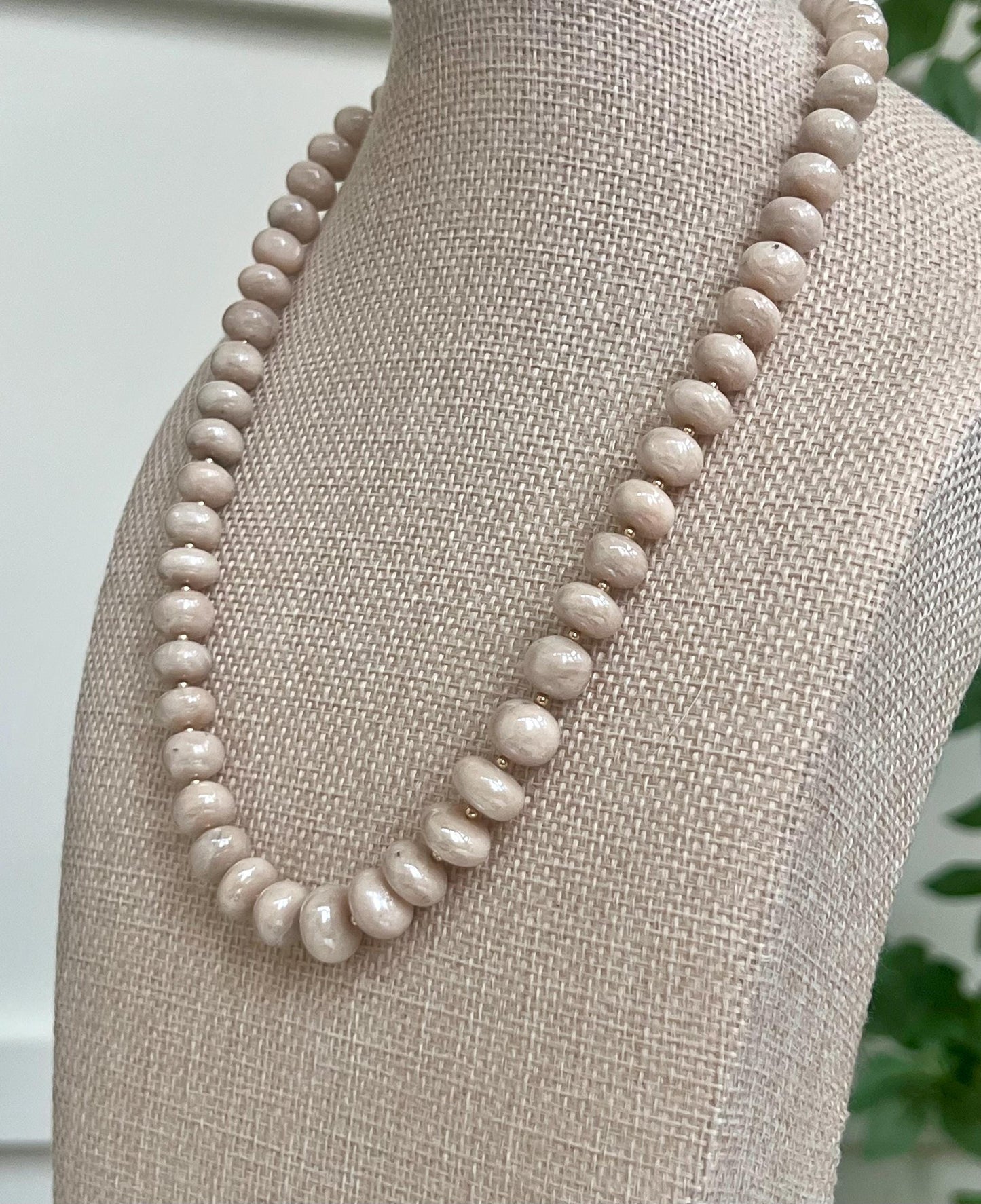 Mystic Moonstone Beaded Necklace Electroplated 10x6mm Smooth Rondelle Moonstone 18k Gold Filled Clasp/Beads Beautiful Cream Necklace