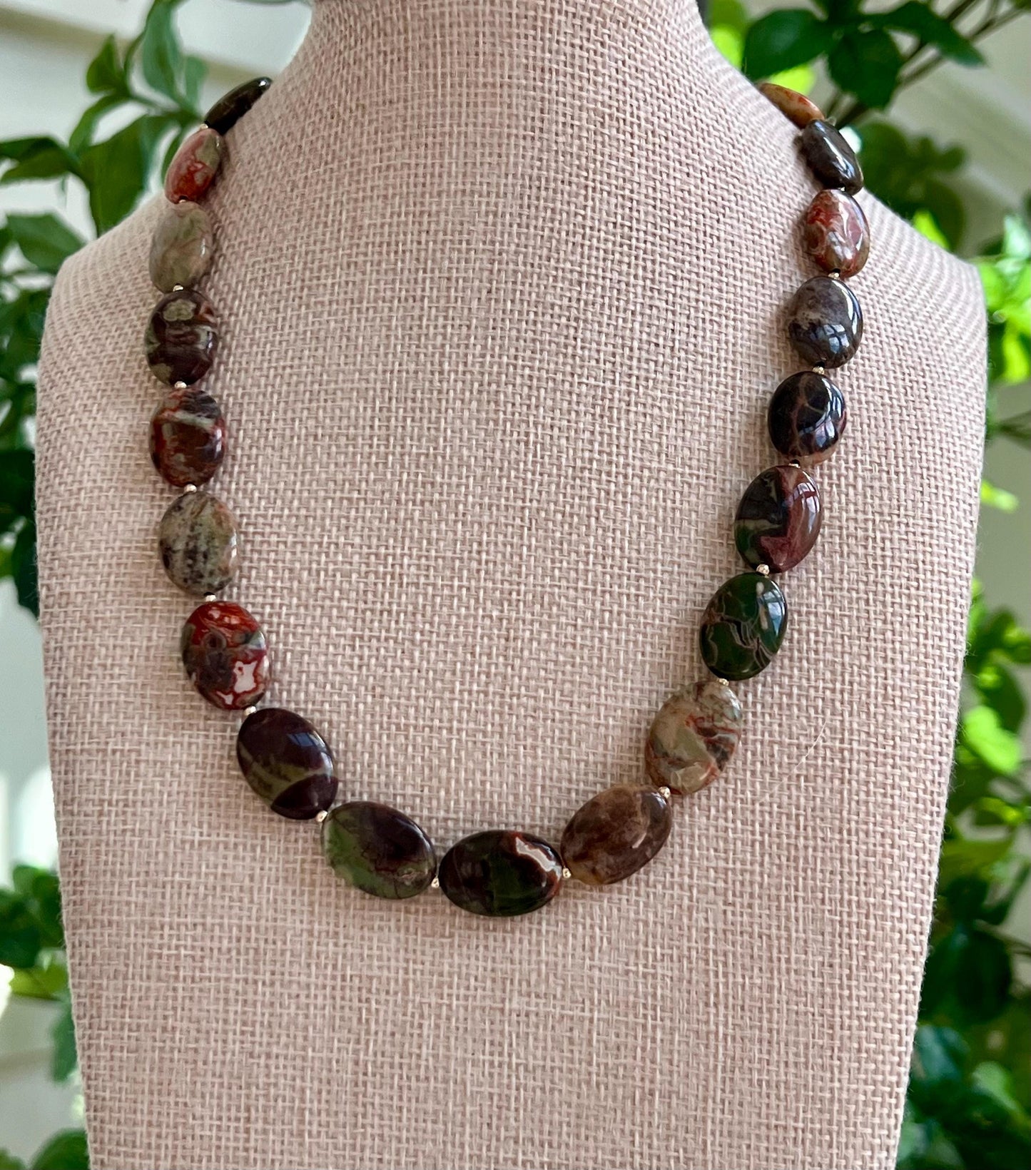 Green Chrysocolla Beaded Necklace with 18k Gold Filled Clasp and Accent Beads Natural Semi-Precious Gemstone Colorful Oval Beaded Necklace
