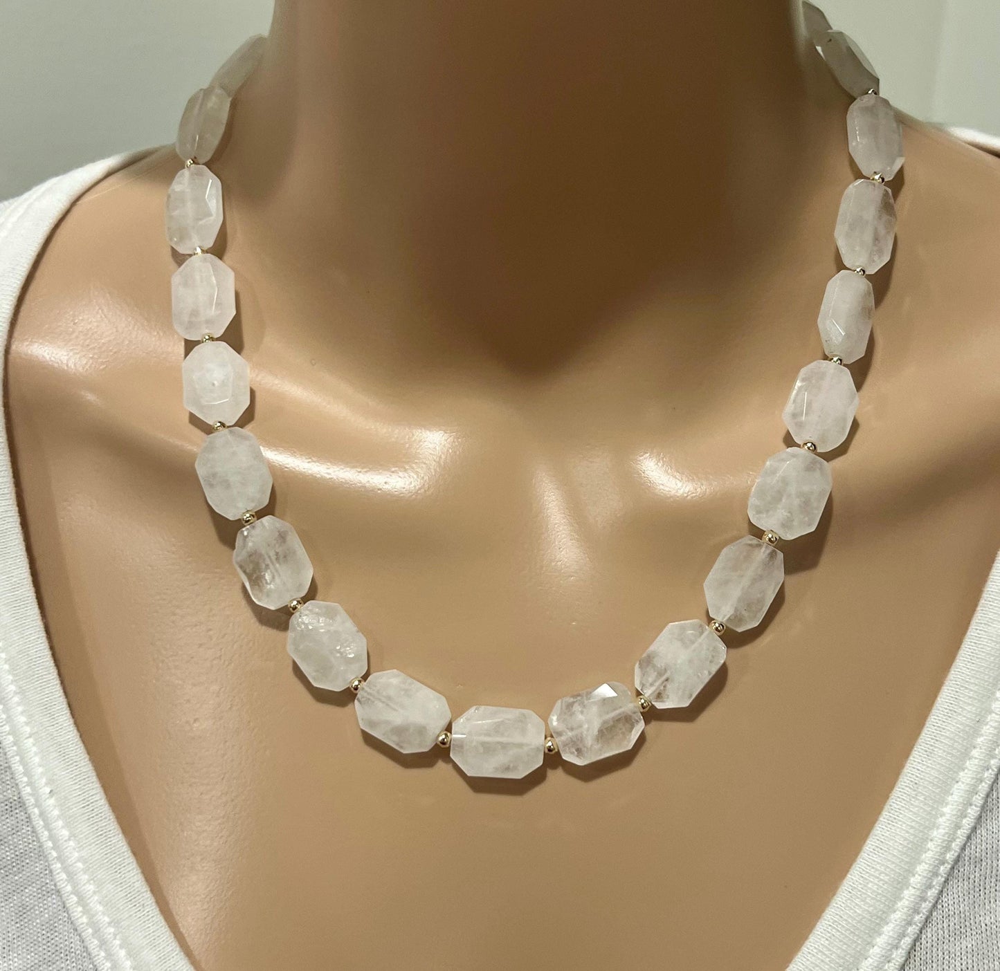 Clear Quartz Beaded Necklace 18k Gold Filled Clasp Green Beaded Layering Semi-Precious Stones 17x12mm Faceted Rectanglar Stones