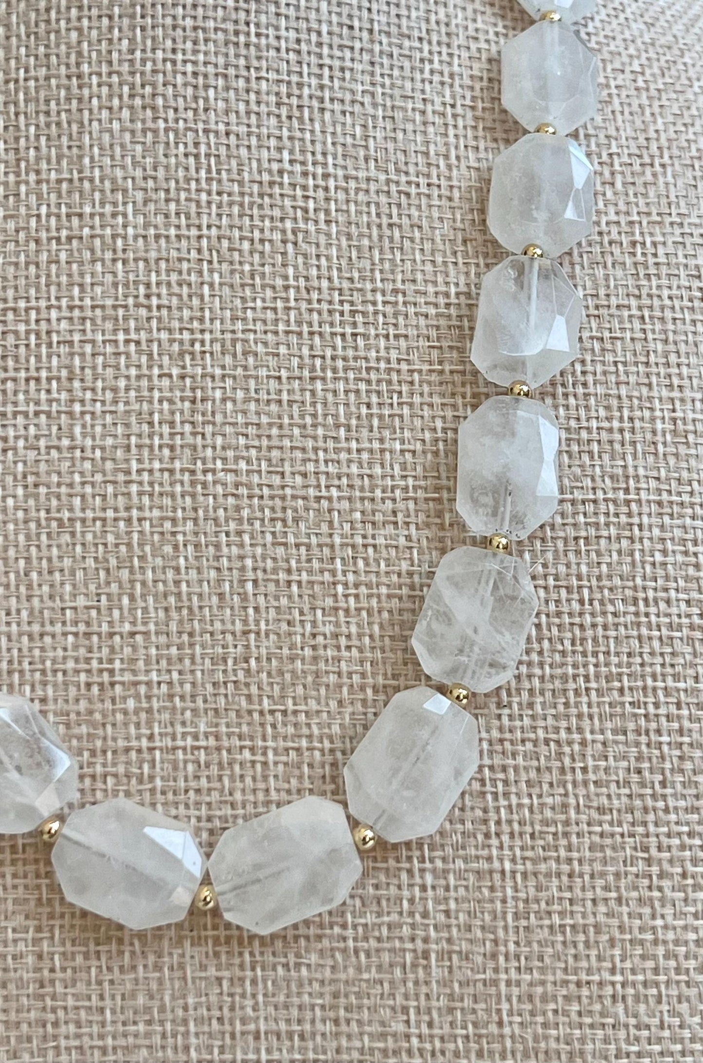 Clear Quartz Beaded Necklace 18k Gold Filled Clasp Green Beaded Layering Semi-Precious Stones 17x12mm Faceted Rectanglar Stones