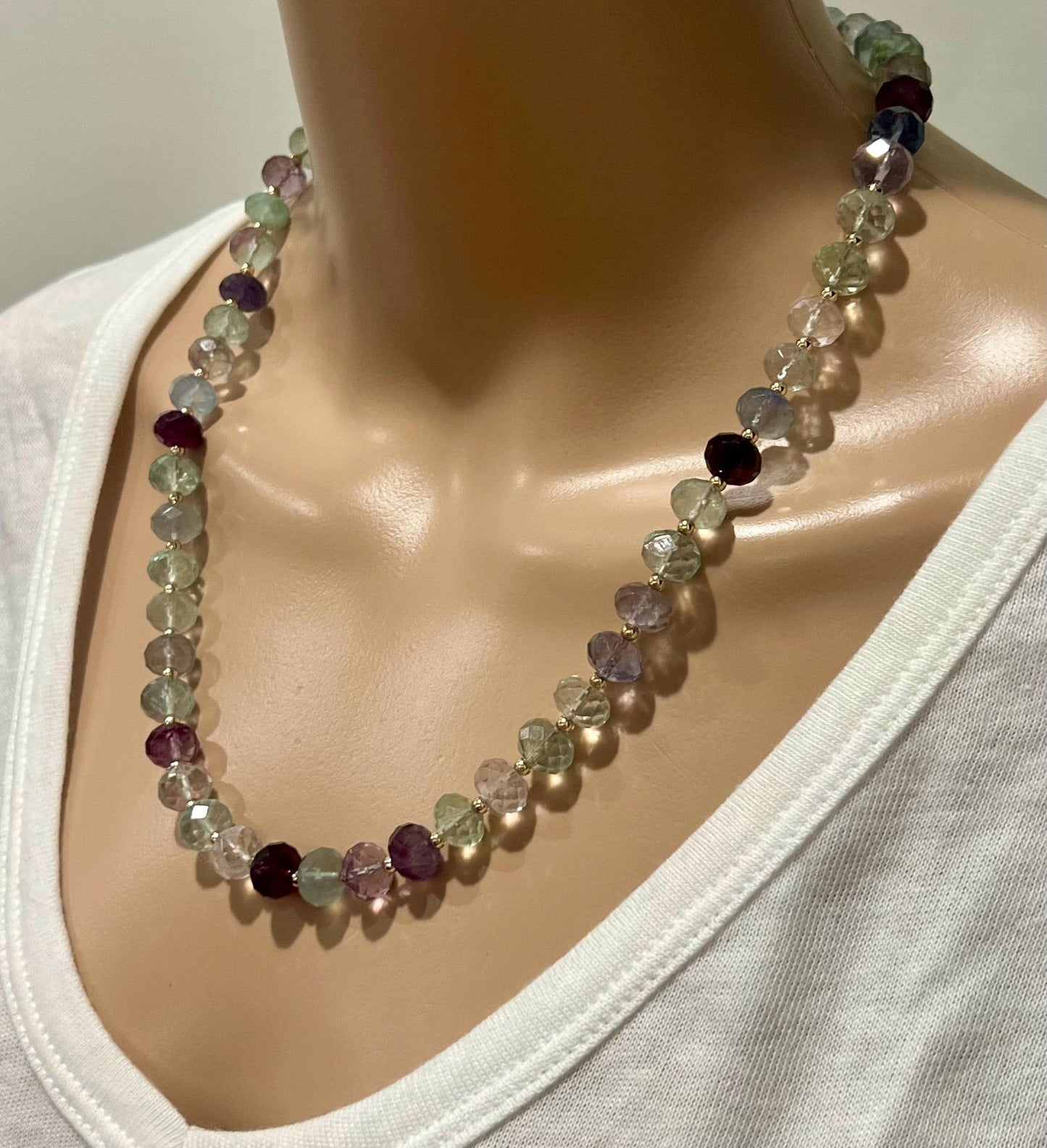 Fluorite Beaded Necklace with 18k Gold Filled Clasp Faceted Rondelle 10x8mm Fluorite Stones Natural Semi-Precious Gemstone Necklace