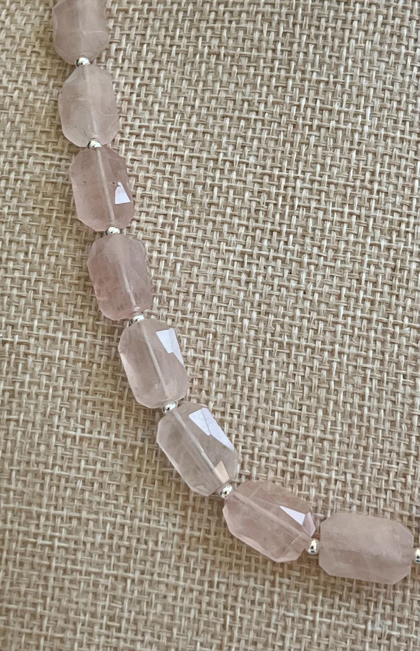 Rose Quartz Beaded Necklace Sterling Silver Spring Clasp/Beads Pendant Semi-Precious Stones 14x10mm Faceted Rectangular Rose Quartz Stones