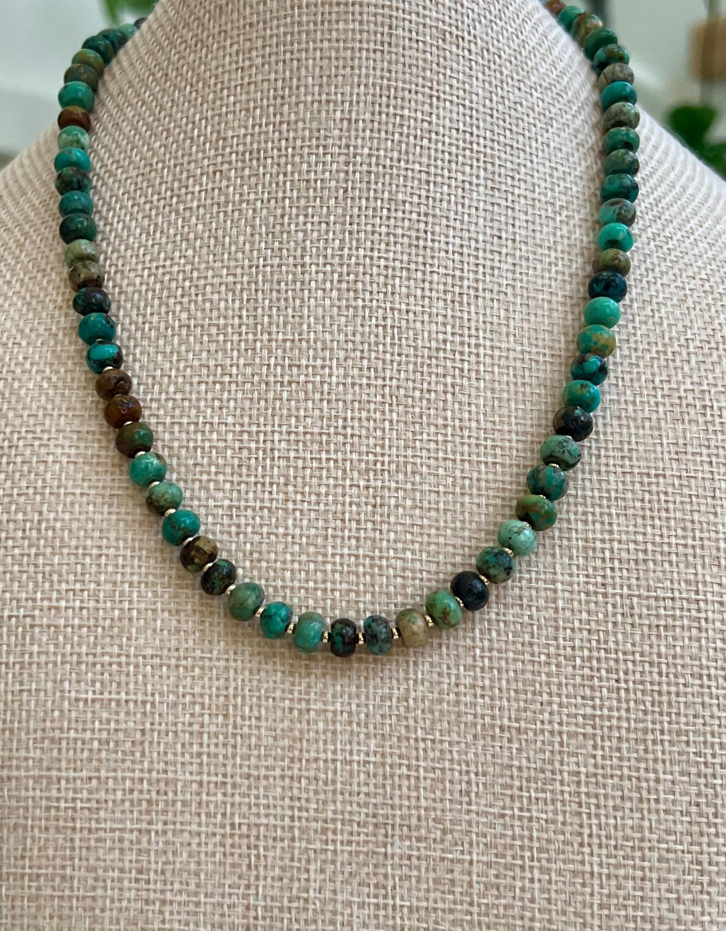 Turquoise Beaded Necklace 18k Gold Filled Clasp/Beads Natural Gemstone Layering Beaded Necklace Gorgeous 4x6mm Smooth Rondelle Stones