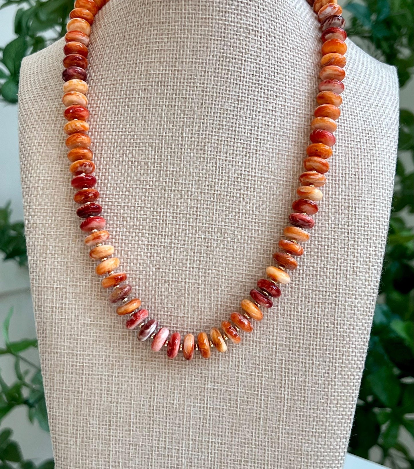 Spiny Oyster Beaded Necklace 18k Gold Filled Clasp Rondelle 10x3mm Natural Spiny Oyster Beads Gorgeous Orange Deep Orange Statement Necklace