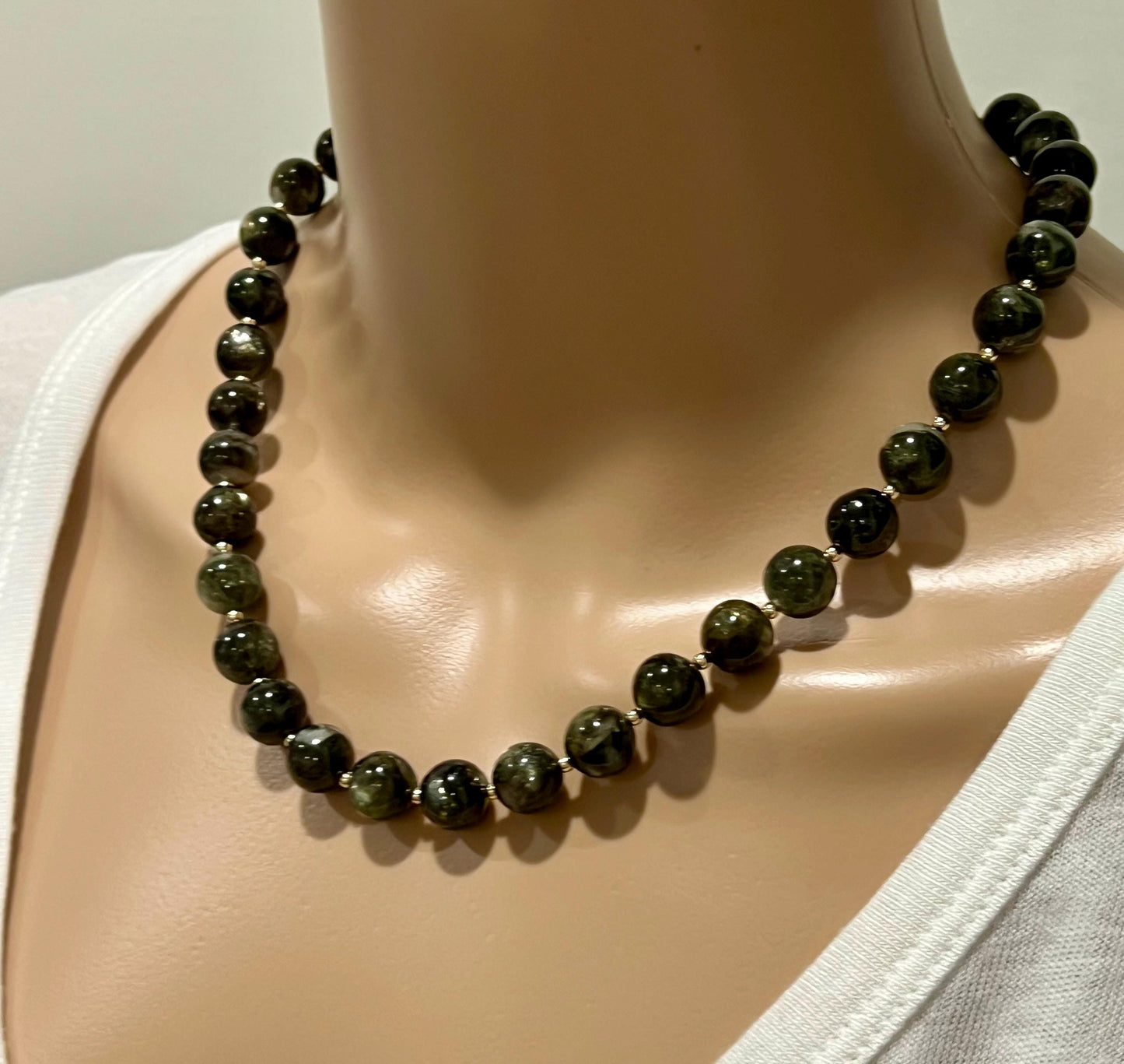 Green Lepidolite Mica Beaded Necklace 18k Gold Filled Spring Clasp Removable Gold Filled Moon and Stars Drop Beads 10mm Smooth Round Beads