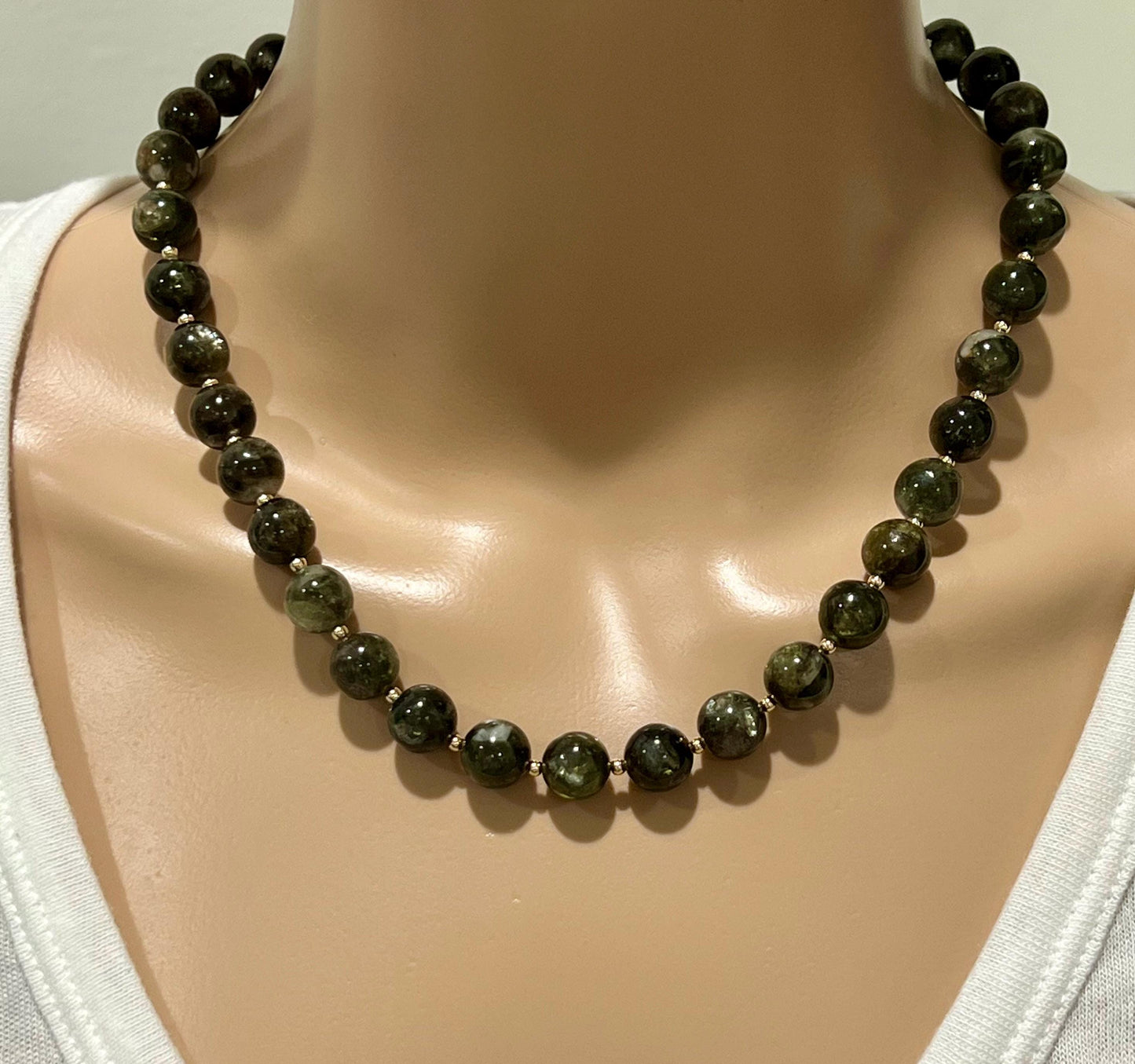 Green Lepidolite Mica Beaded Necklace 18k Gold Filled Spring Clasp Removable Gold Filled Moon and Stars Drop Beads 10mm Smooth Round Beads