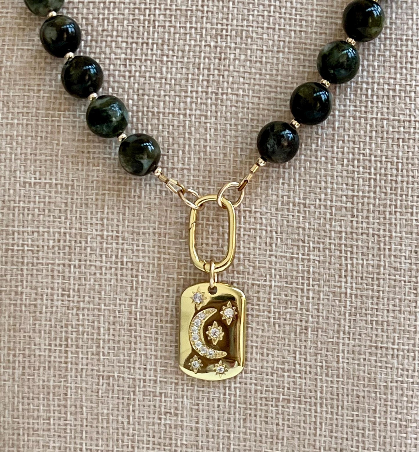 Green Lepidolite Mica Beaded Necklace 18k Gold Filled Spring Clasp Removable Gold Filled Moon and Stars Drop Beads 10mm Smooth Round Beads
