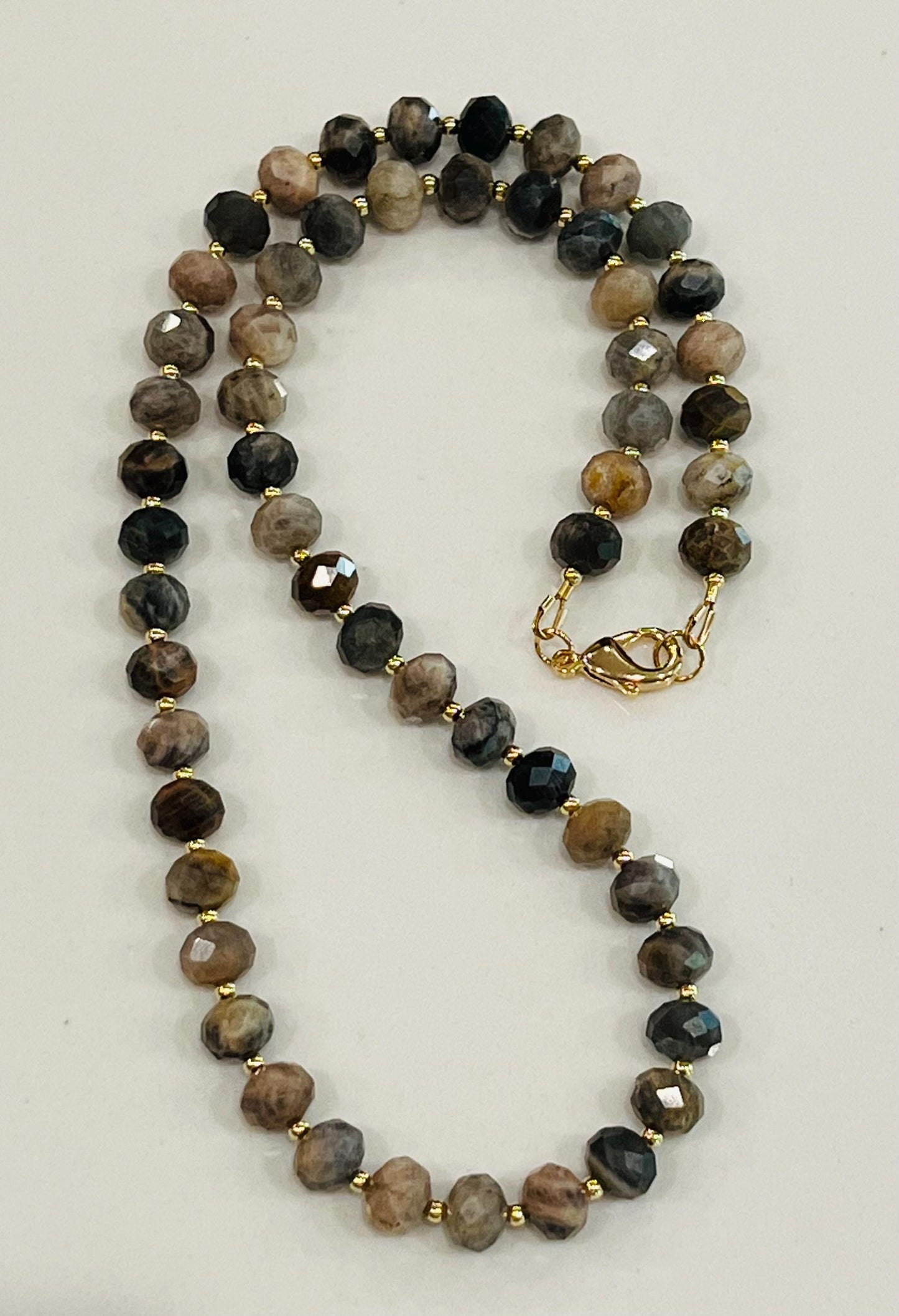 Moonstone Beaded Necklace 18k Gold Filled Clasp/Accent Beads Layering Necklace 6x8mm Faceted Rondelle Black Moonstone Beads