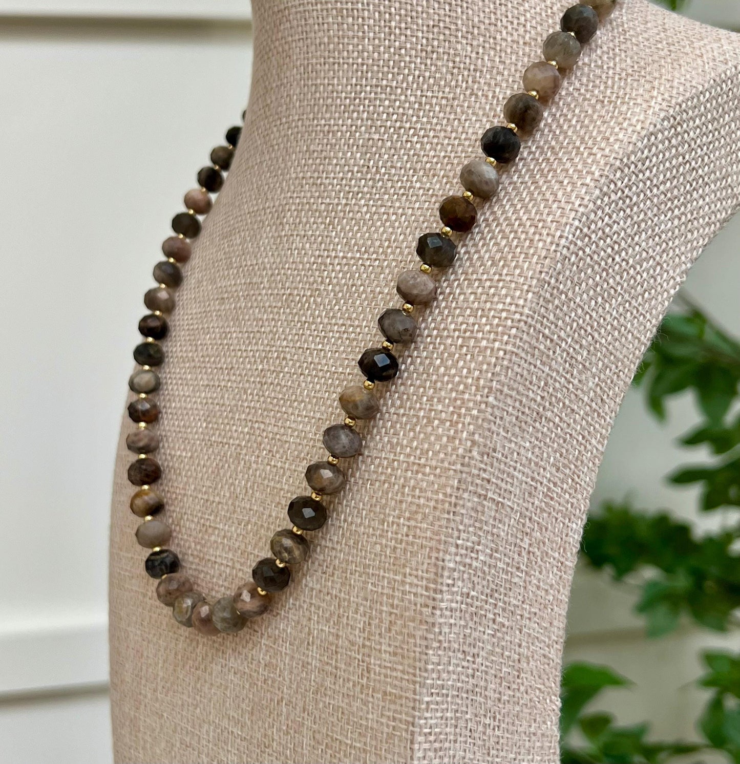 Moonstone Beaded Necklace 18k Gold Filled Clasp/Accent Beads Layering Necklace 6x8mm Faceted Rondelle Black Moonstone Beads