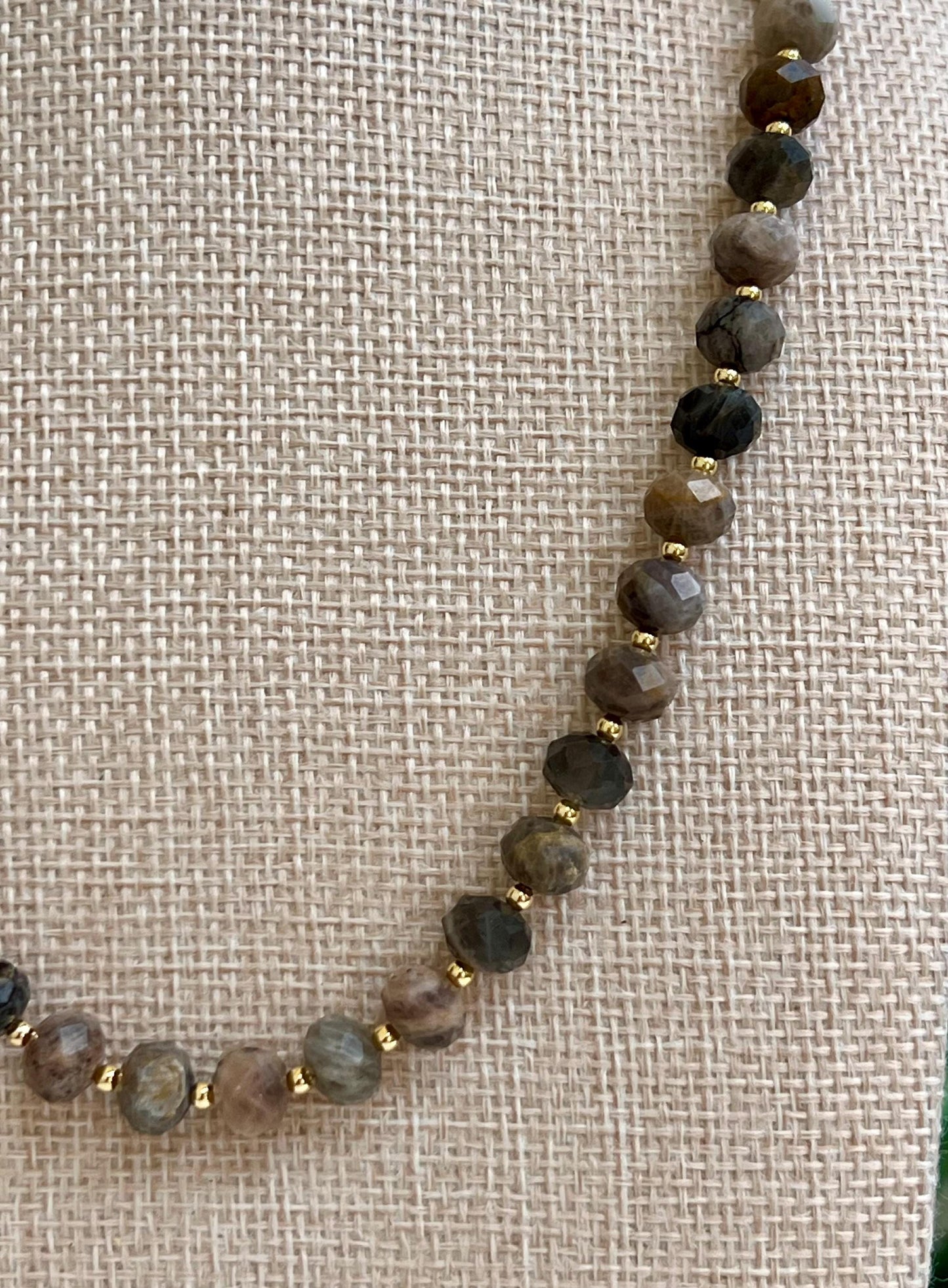 Moonstone Beaded Necklace 18k Gold Filled Clasp/Accent Beads Layering Necklace 6x8mm Faceted Rondelle Black Moonstone Beads
