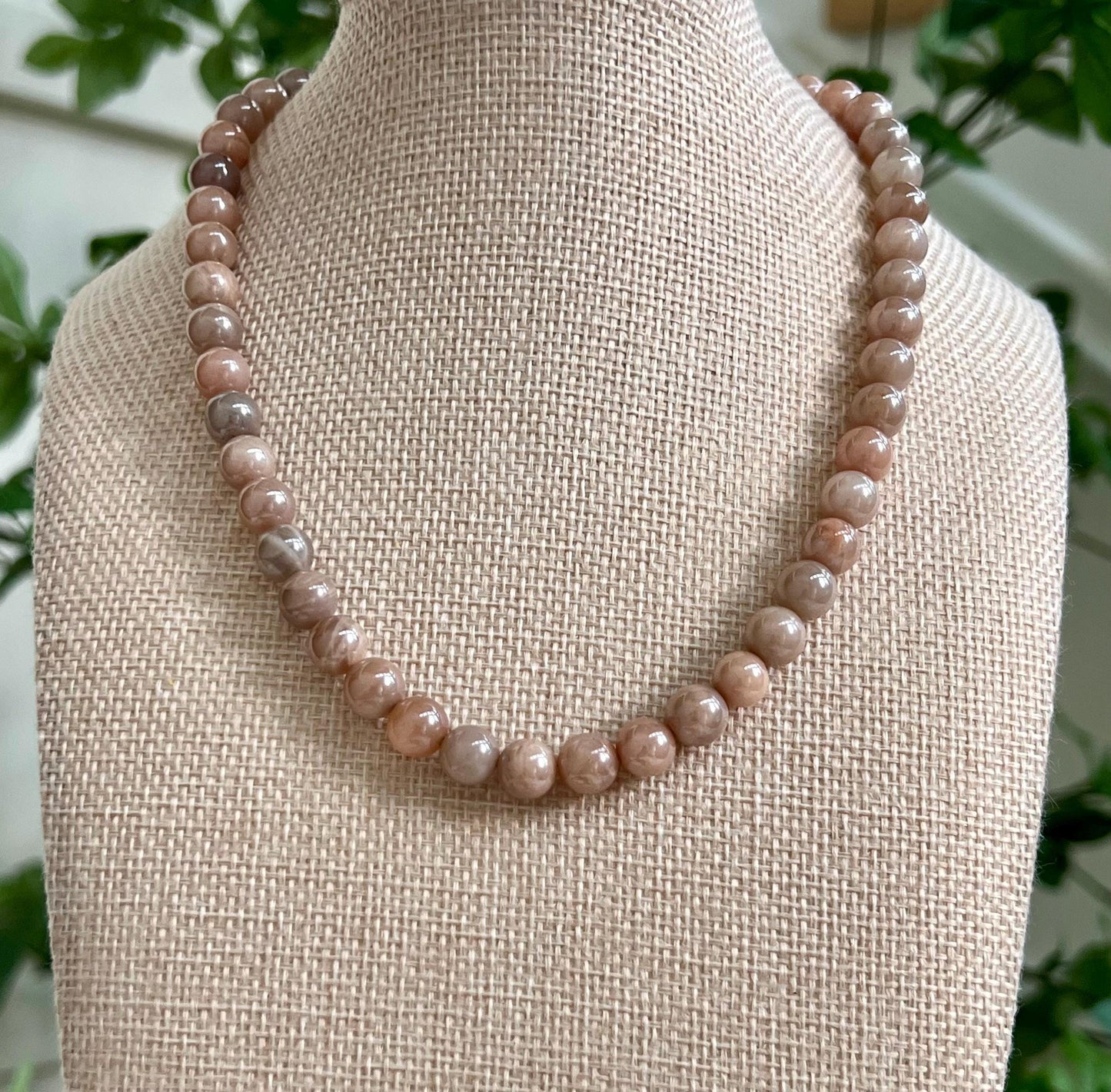 Peach Moonstone Beaded Necklace Electroplated 8mm Smooth Round Peach Moonstone 18k Gold Filled Clasp/Beads Sparkling Statement Necklace