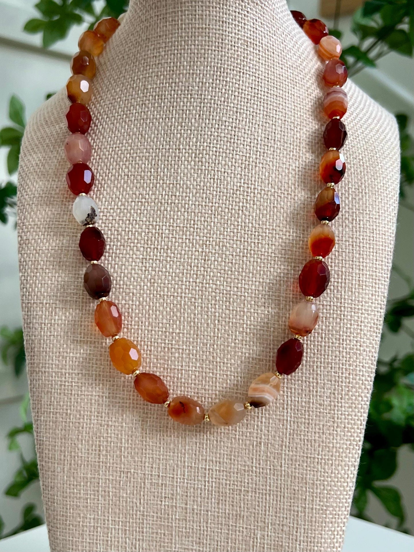 Carnelian Beaded Necklace 18k Gold Filled Clasp/Beads 10x13mm Barrel Carnelian Beads Semi-Precious Gemstone Necklace Orange Beaded