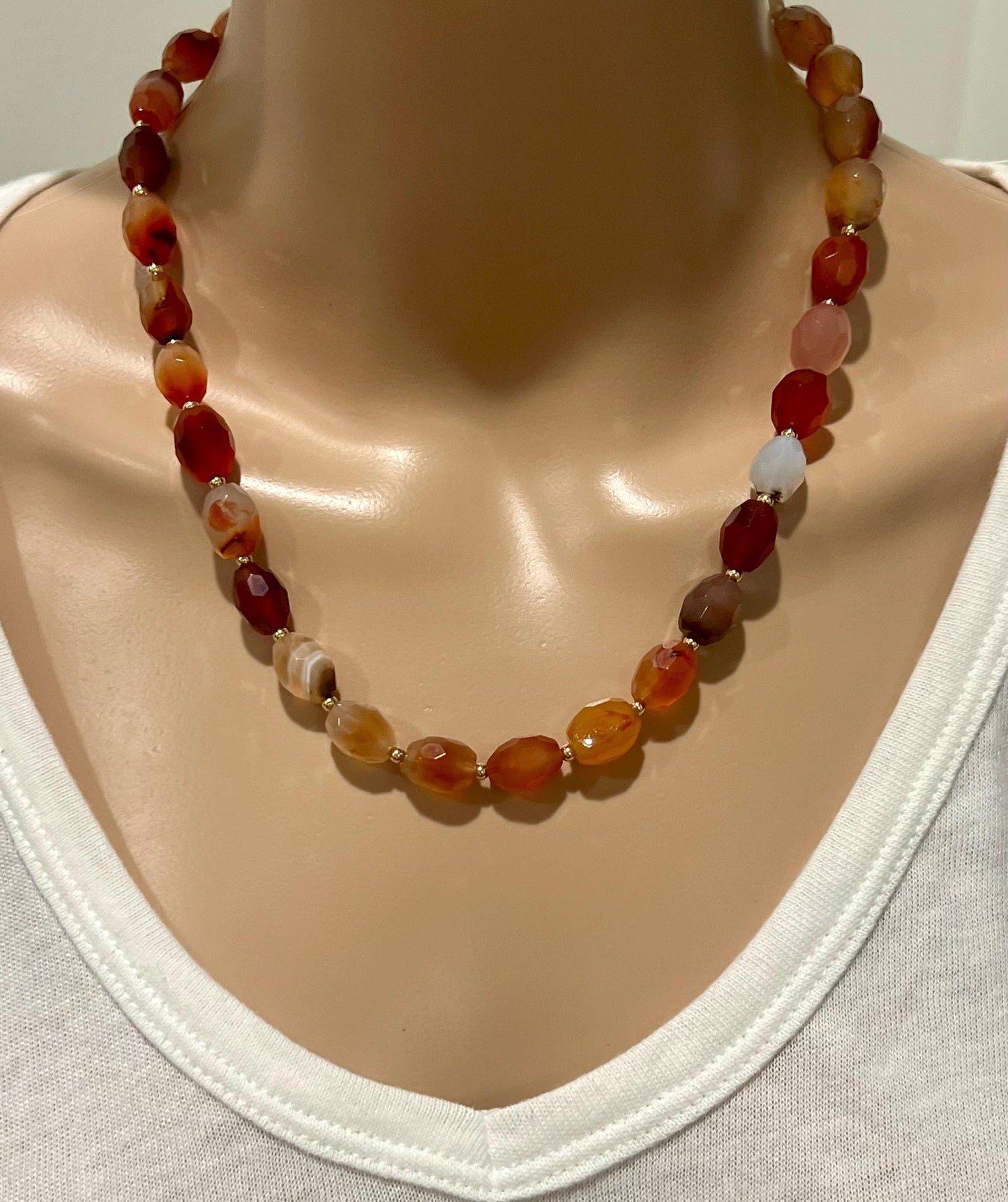 Carnelian Beaded Necklace 18k Gold Filled Clasp/Beads 10x13mm Barrel Carnelian Beads Semi-Precious Gemstone Necklace Orange Beaded