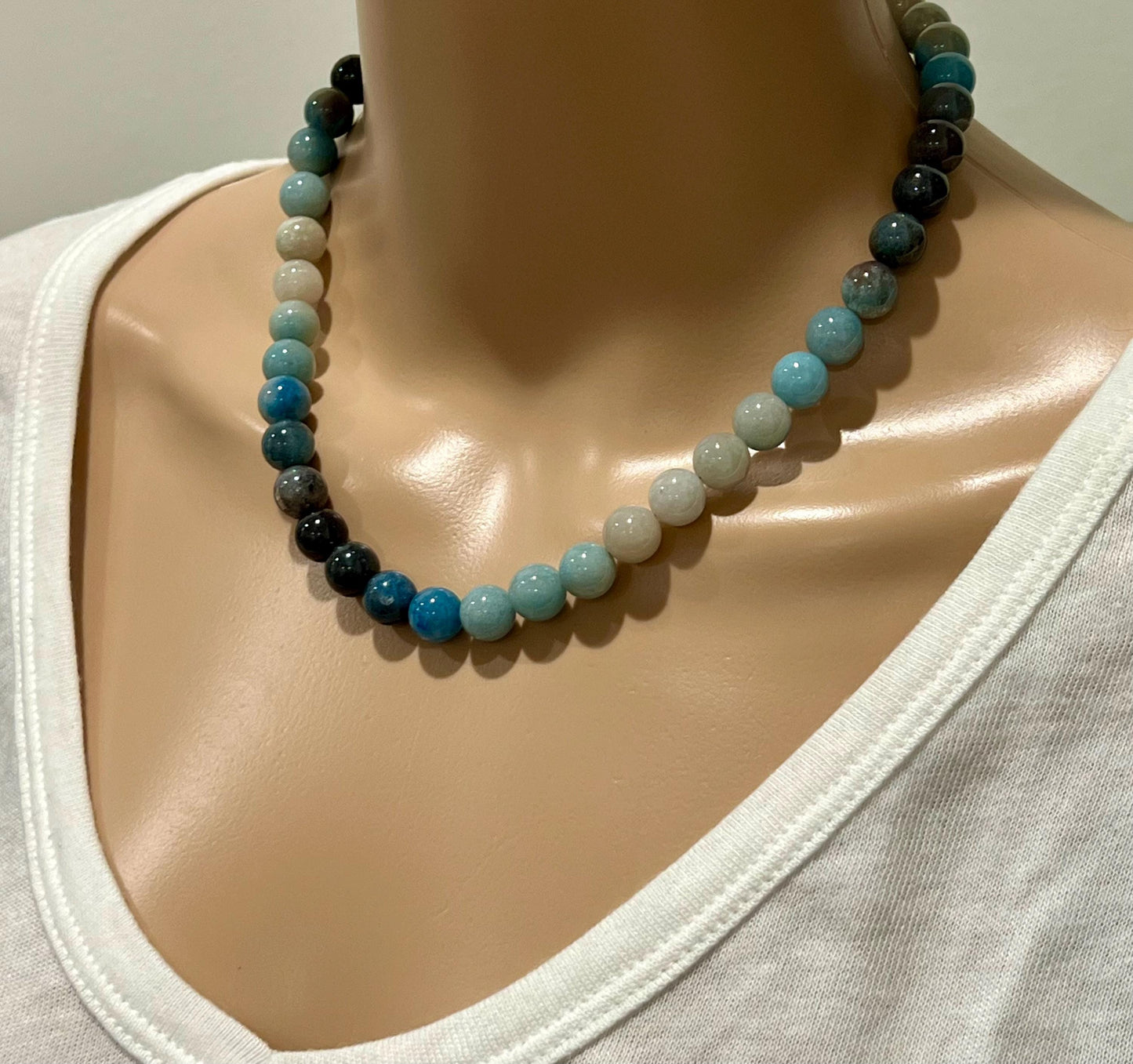 Natural Gradient Color Trolleite Beaded Necklace 18k Gold Filled Clasp/Accent Beads Blue Trolleite Beads Natural Gemstone Necklace