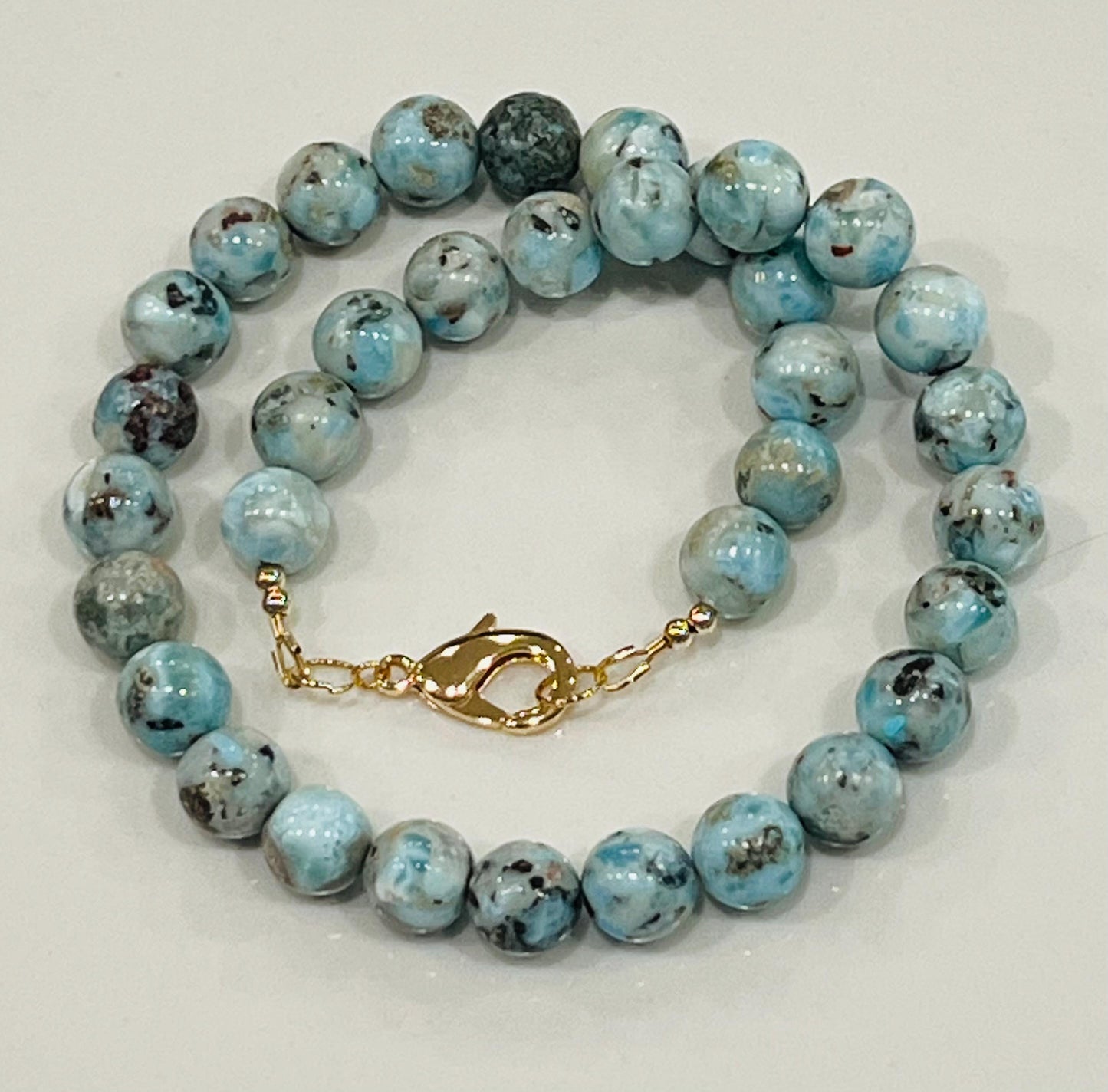 Larimar Beaded Necklace 18k Gold Filled Clasp 10mm Round Smooth Larimar Beads Layering Necklace Semi-Precious Gemstones Simple Elegant