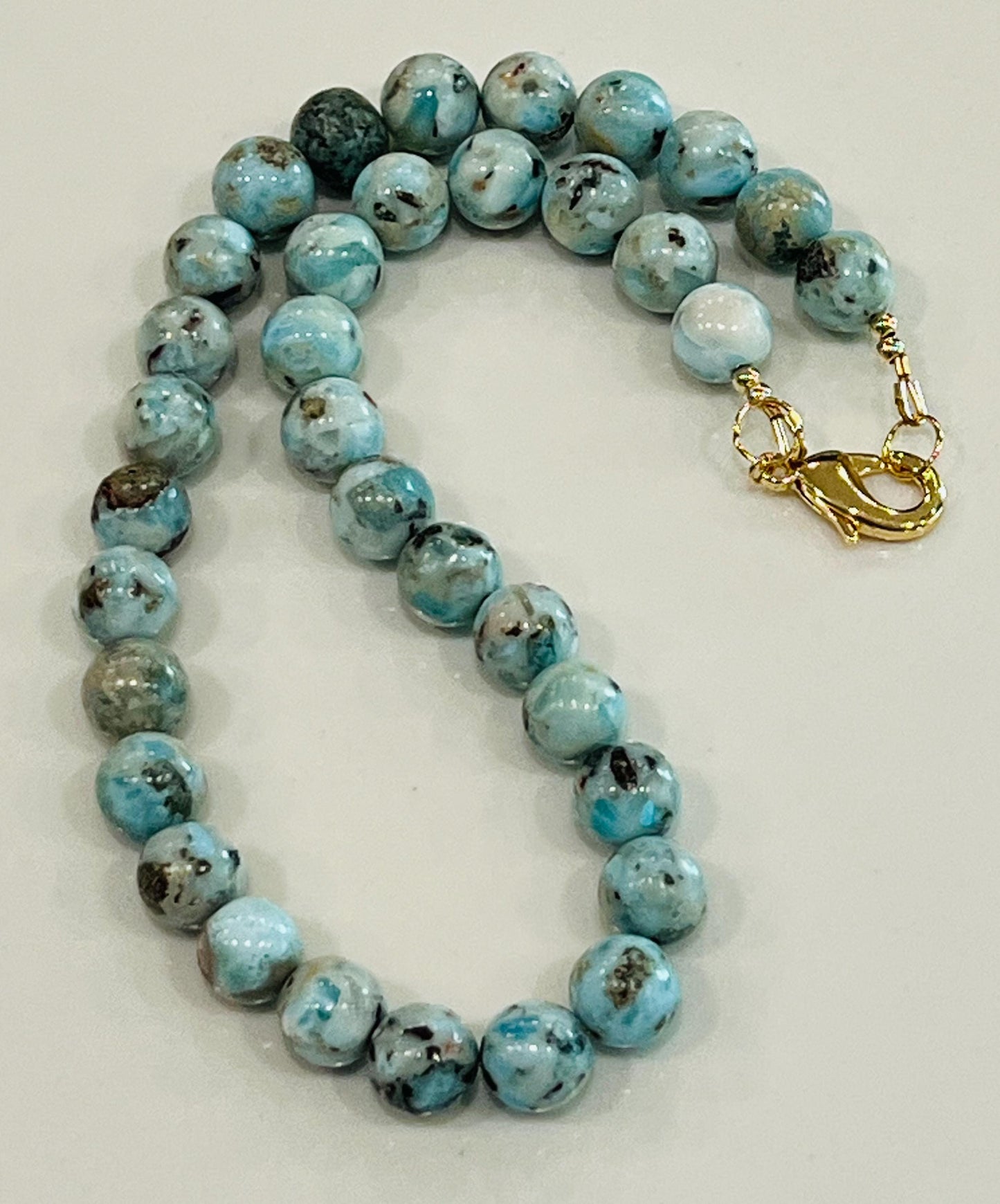 Larimar Beaded Necklace 18k Gold Filled Clasp 10mm Round Smooth Larimar Beads Layering Necklace Semi-Precious Gemstones Simple Elegant