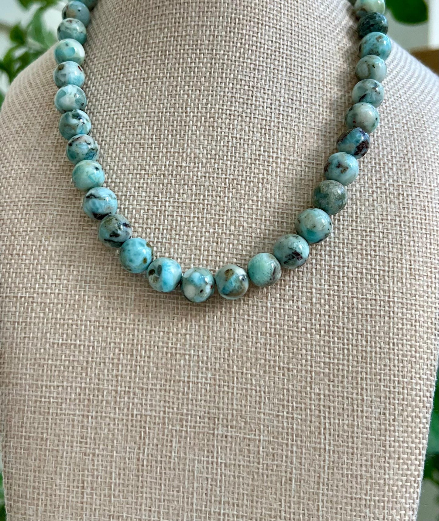 Larimar Beaded Necklace 18k Gold Filled Clasp 10mm Round Smooth Larimar Beads Layering Necklace Semi-Precious Gemstones Simple Elegant