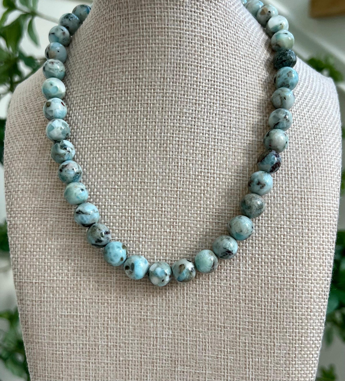 Larimar Beaded Necklace 18k Gold Filled Clasp 10mm Round Smooth Larimar Beads Layering Necklace Semi-Precious Gemstones Simple Elegant