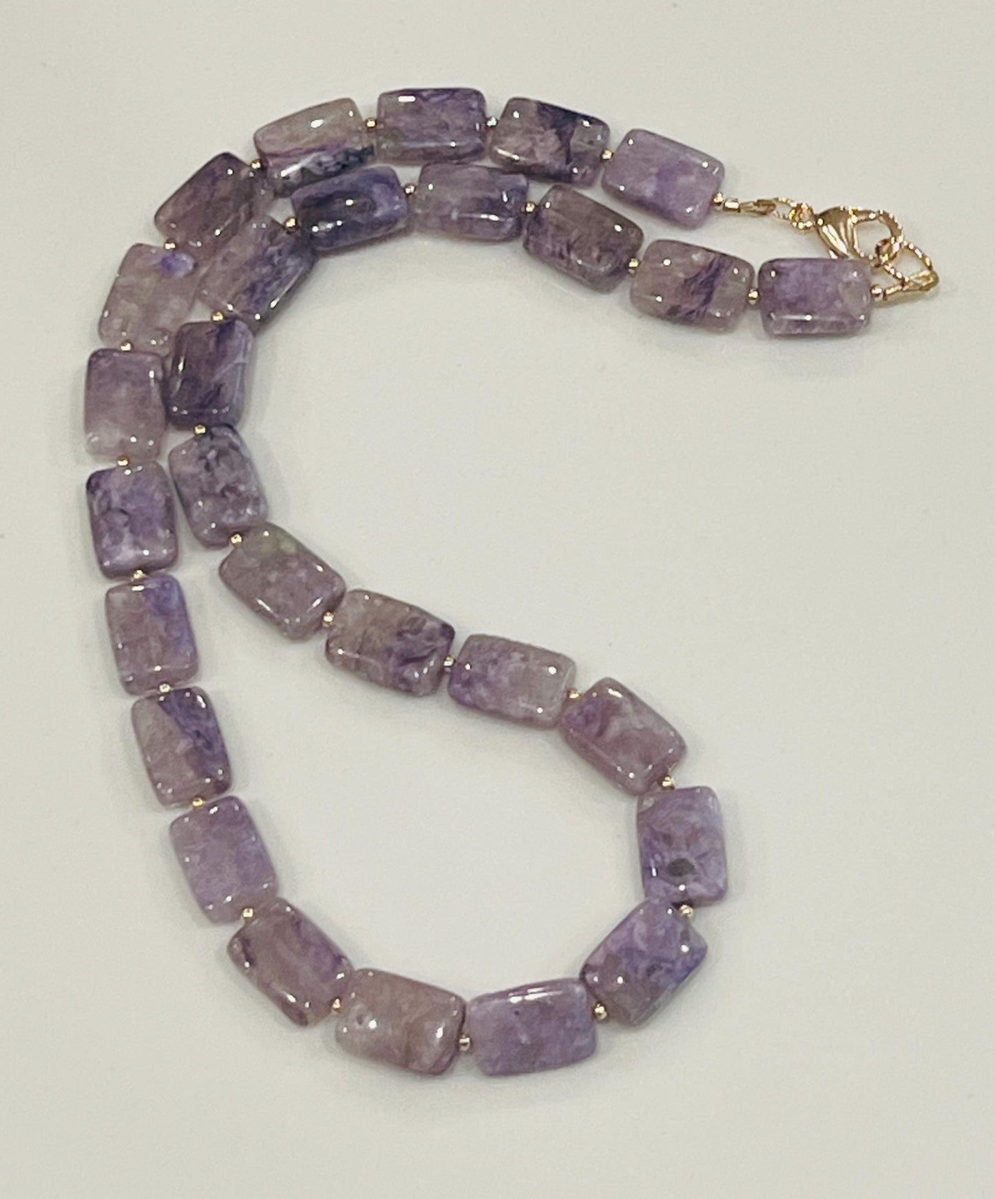 Charoite Beaded Necklace 18k Gold Filled Clasp/Beads Natural Semi-Precious Gemstone Necklace Rectangular Smooth Charoite Stones